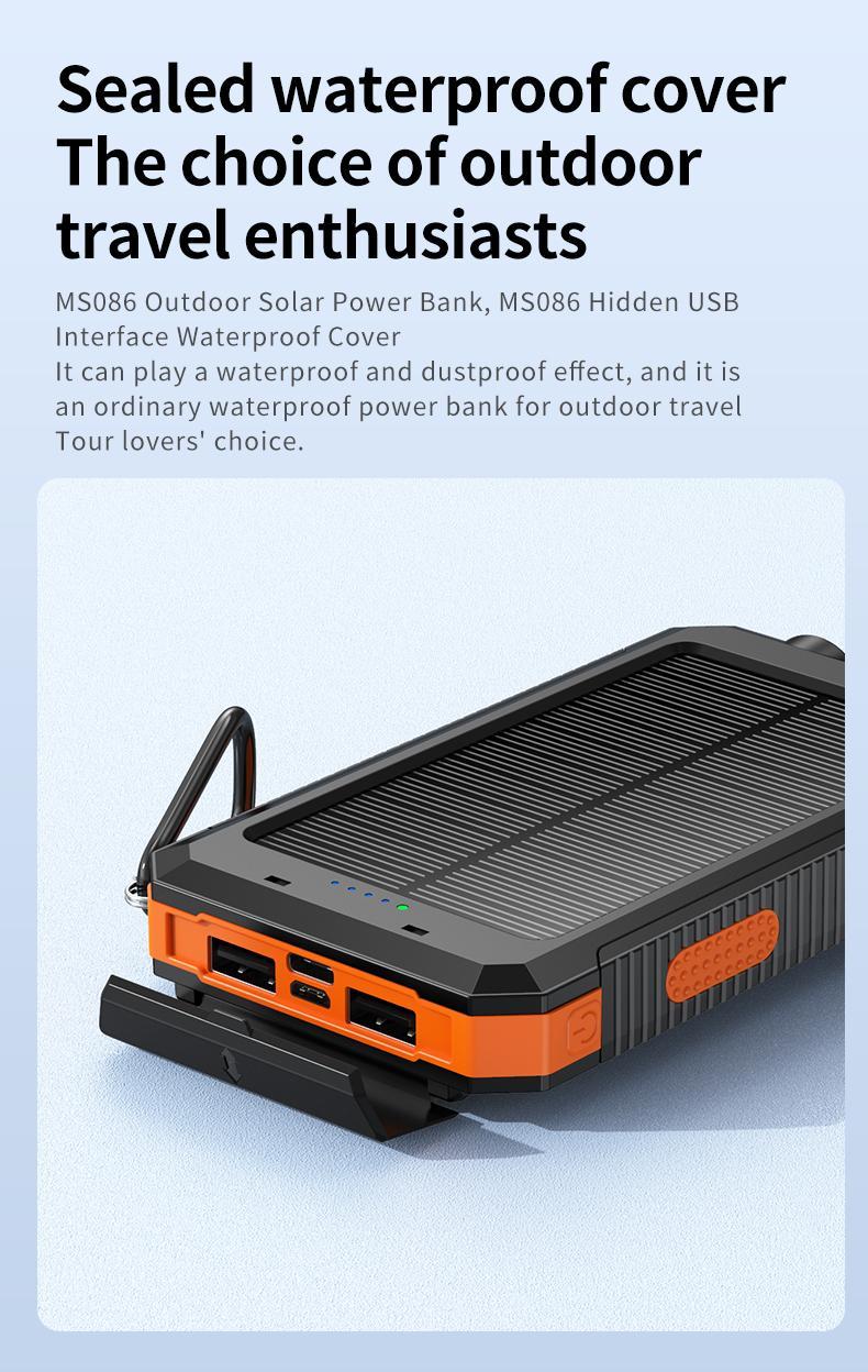 20000mAh Portable Solar Charger Power Bank with LED Flashlight - Dual USB-A Output, Waterproof Outdoor Design with Compass & Carabiner for Phone Android