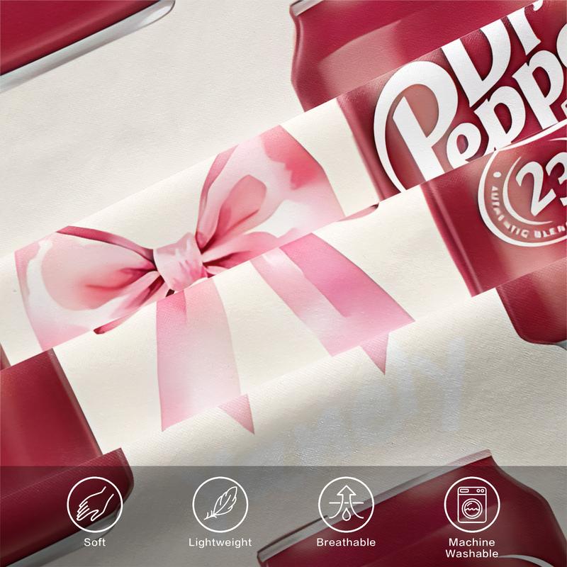 3Pcs Dr Pepper Inspired Fitted Sheet Set, Cute Red Soda Can and Pink Bow Pattern on Light Beige, Soft and Durable Fabric, Perfect for Trendy Bedroom Décor and Unique Gift Ideas!, Includes 1 Fitted Sheet and 2 Pillowcases with No Pillow Core