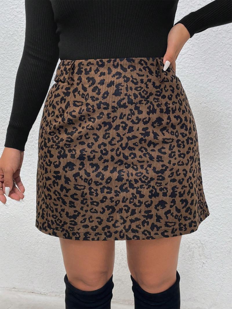 Women's Comfortable Casual Leopard Print Corduroy Fitted Medium Thick Mini Skirt, Fall/Winter