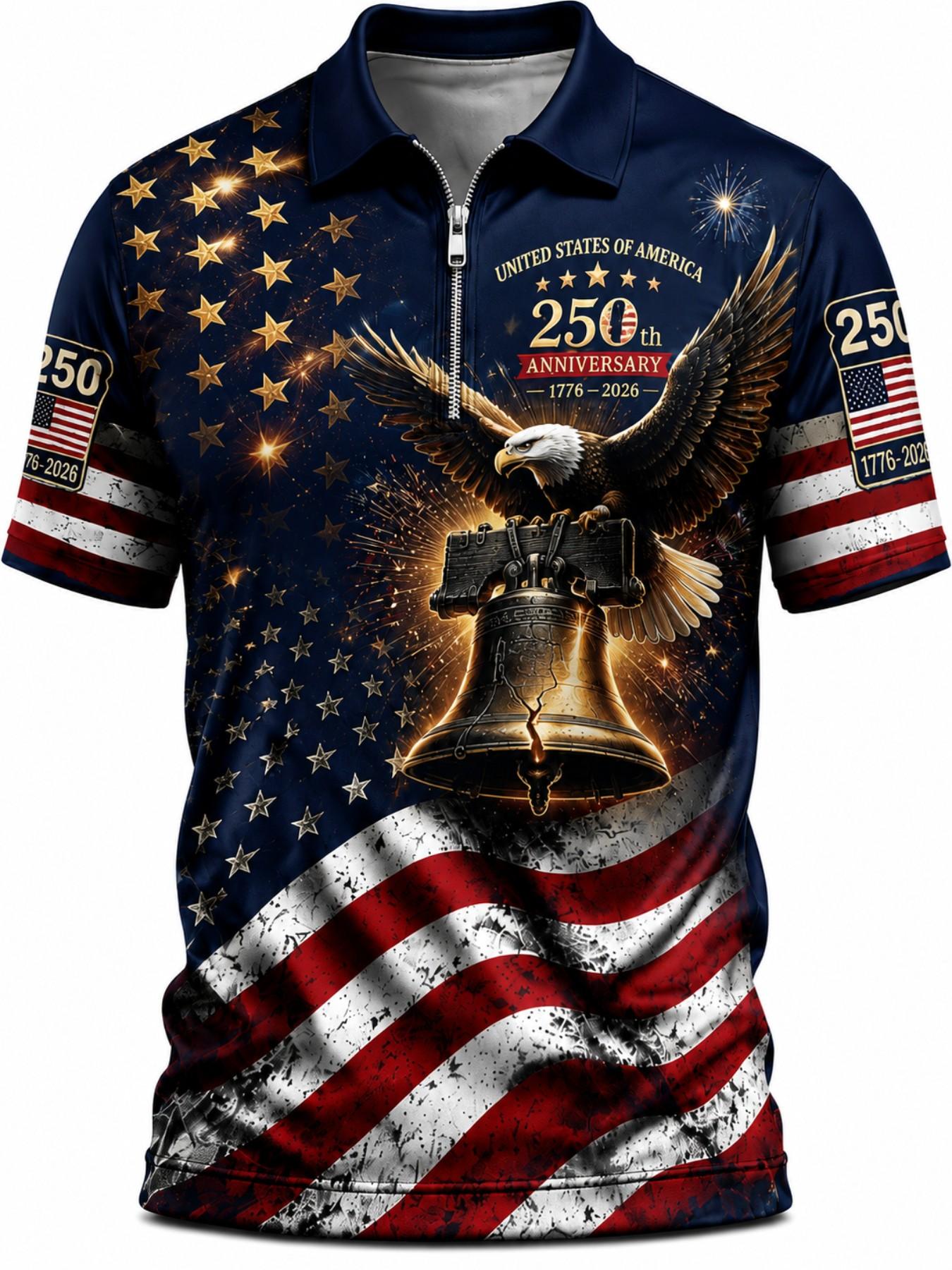 Patriotic American Flag Polo Golf Shirt for Men, 250th Anniversary 1776-2026, Sporty Fitted Design, Ideal for 4th of July Gifts Zippered Polo