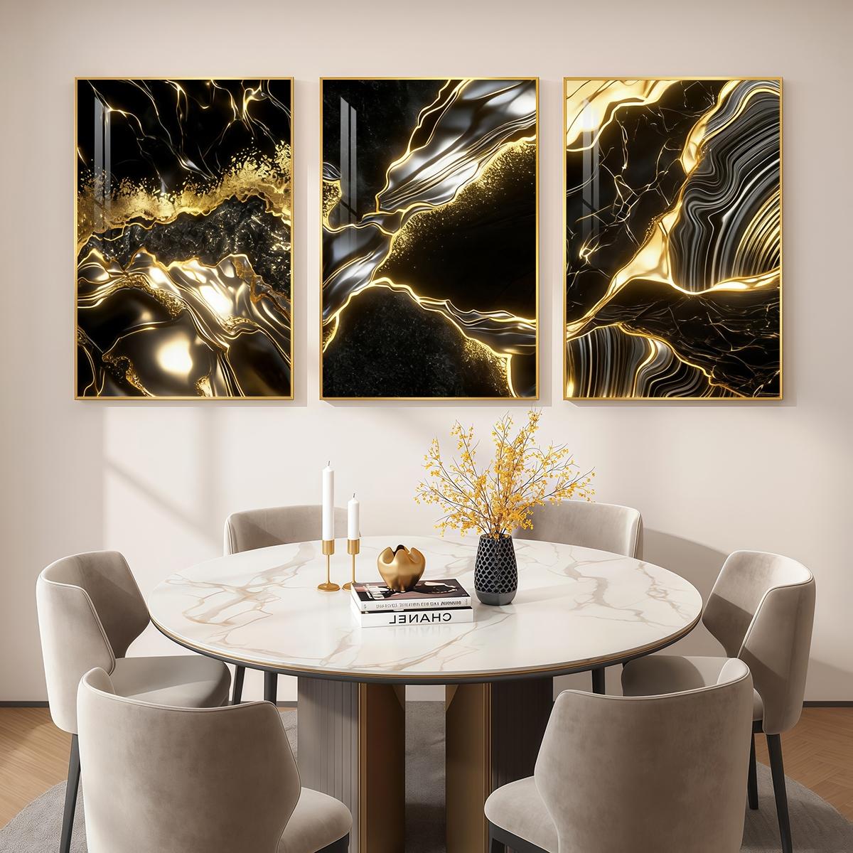 3 Counts Aluminum Alloy Framed Painting, Abstract Black And Gold Fluid Art Pictures, Home Decoration For Living Room, Bedroom, Office, Restaurant, Hallway Wall Decor, Odorless Print Artwork, Luxury Perfect Gift For Friends And Family