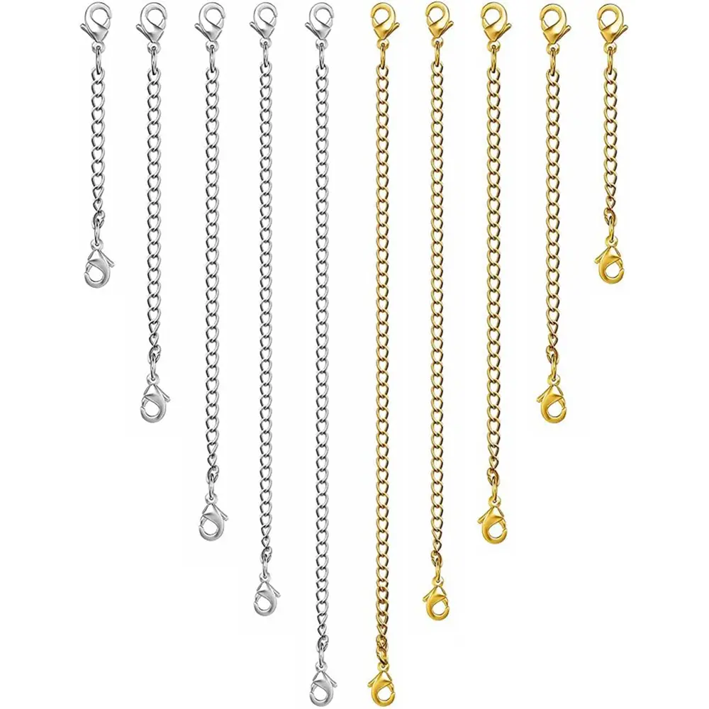 18K Gold Plated Extender Set, 10Pcs Chain Extenders for Necklaces Bracelet Anklet, 5-Sizes Stainless Steel Extension Chain for Women Jewelry Making DIY Adjustable Chain, Golden/Silvery/Rose Golden/Black