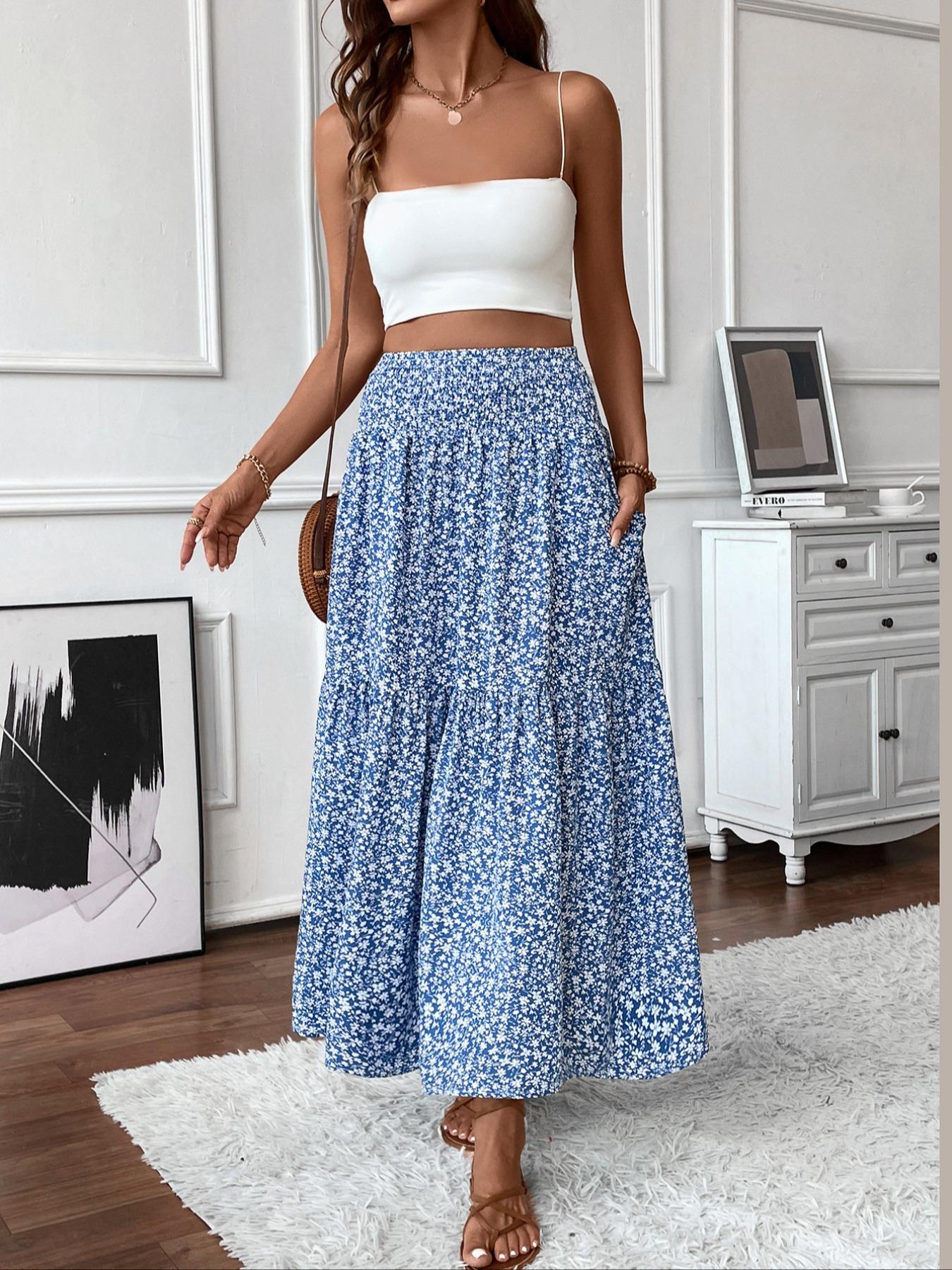 Women's Floral Casual A-Line Ruffled Skirt, Elastic Waist Pockets, Leaf Hem, Long Fitted Skirt, Fashionable Mid-Length Dress