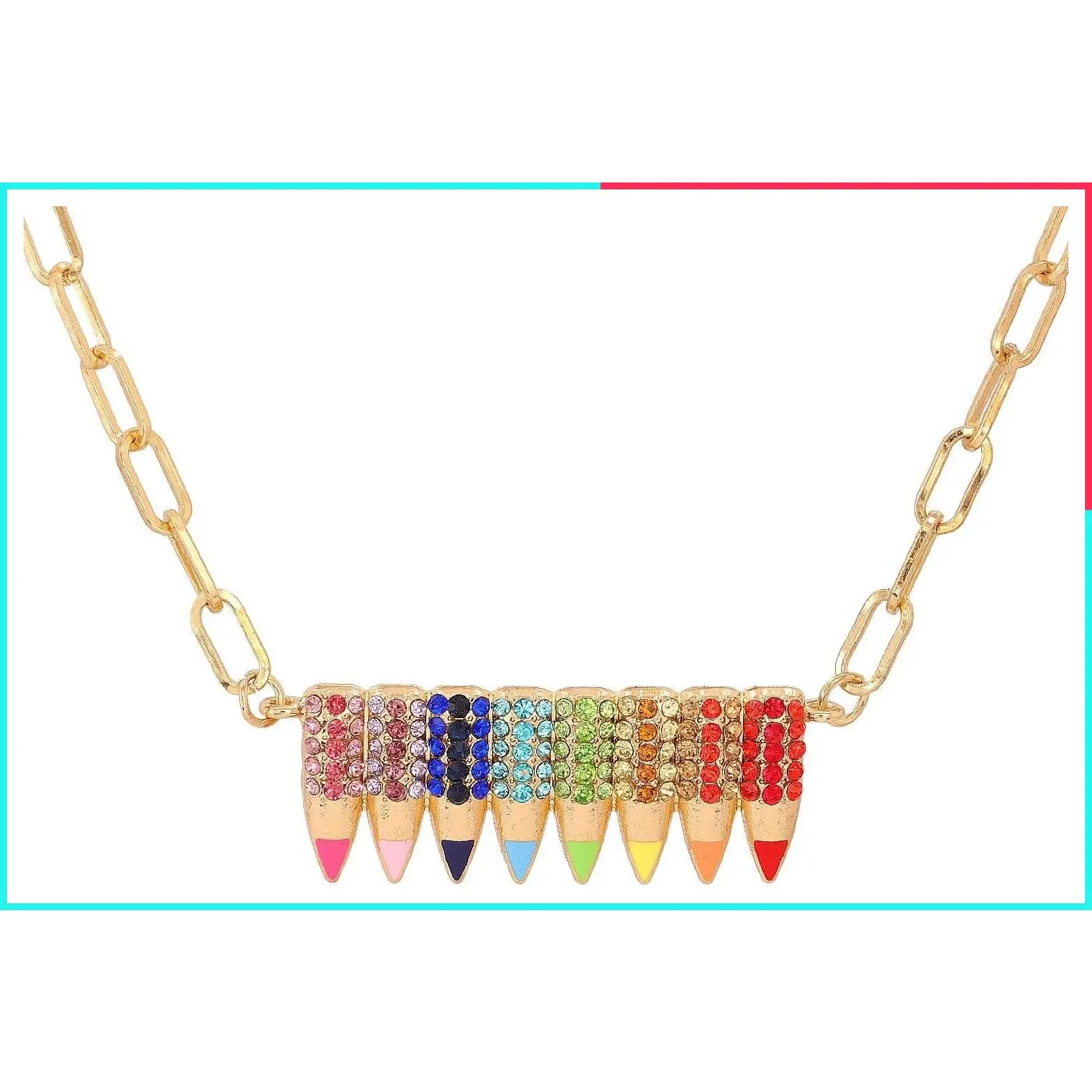 Funny Colorful Crystal Pencil Pendant Necklace Shiny Rhinestone Jewelry for Women Teachers and Students Back to School Rainbow Teacher's Day Gift