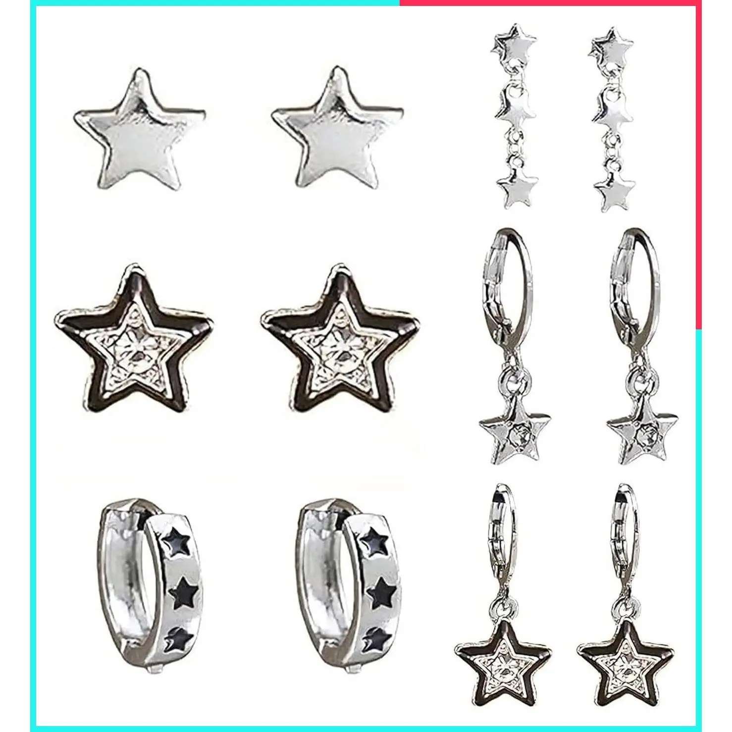 6 Pairs Mini Y2K Star Rhinestone Earrings Set - Vintage Silver Stud & Cartilage Ear Clip Jewelry with Zircon Star Pendant