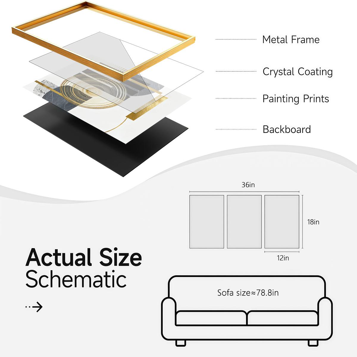 3 Counts Aluminum Alloy Framed Painting, Geometric Gold And Grey Abstract Art, Home Decoration For Living Room, Bedroom, Office, Restaurant, Hallway Wall Decor, Odorless Print Artwork, Luxury Perfect Gift For Friends And Family