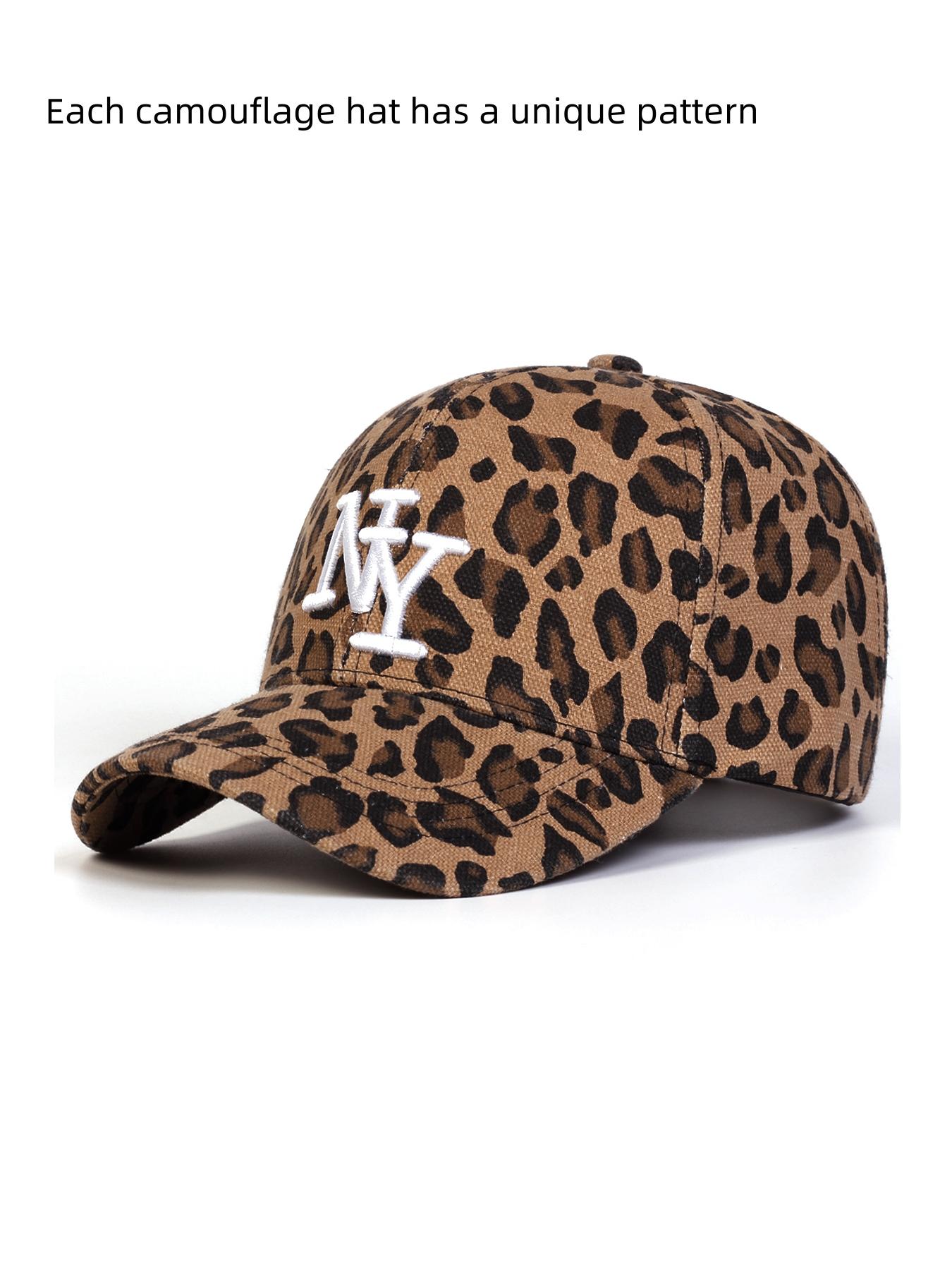 Women's Ny Leopard Print Hat, Adjustable Size, Fashionable Design, Suitable for Sports & Casual Outings, All-Season Woven Fabric Cap