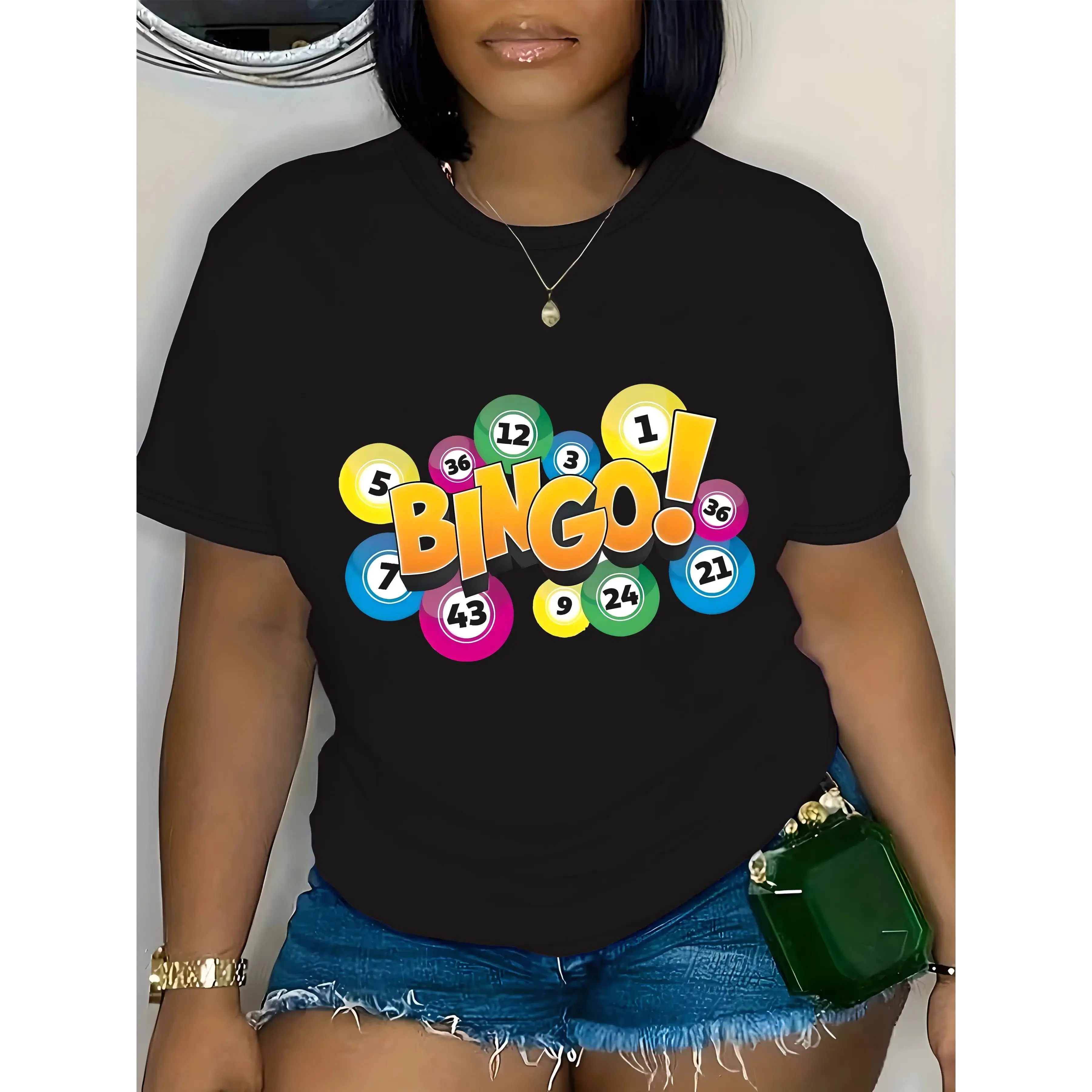 Bingo Graphic Print T-Shirt , Crew Neck, Short Sleeve, Geometric Pattern, Casual Pullover Tee with Slight Stretch - For Women - Suitable for Spring/Summer - Perfect for Casual Outings & Parties