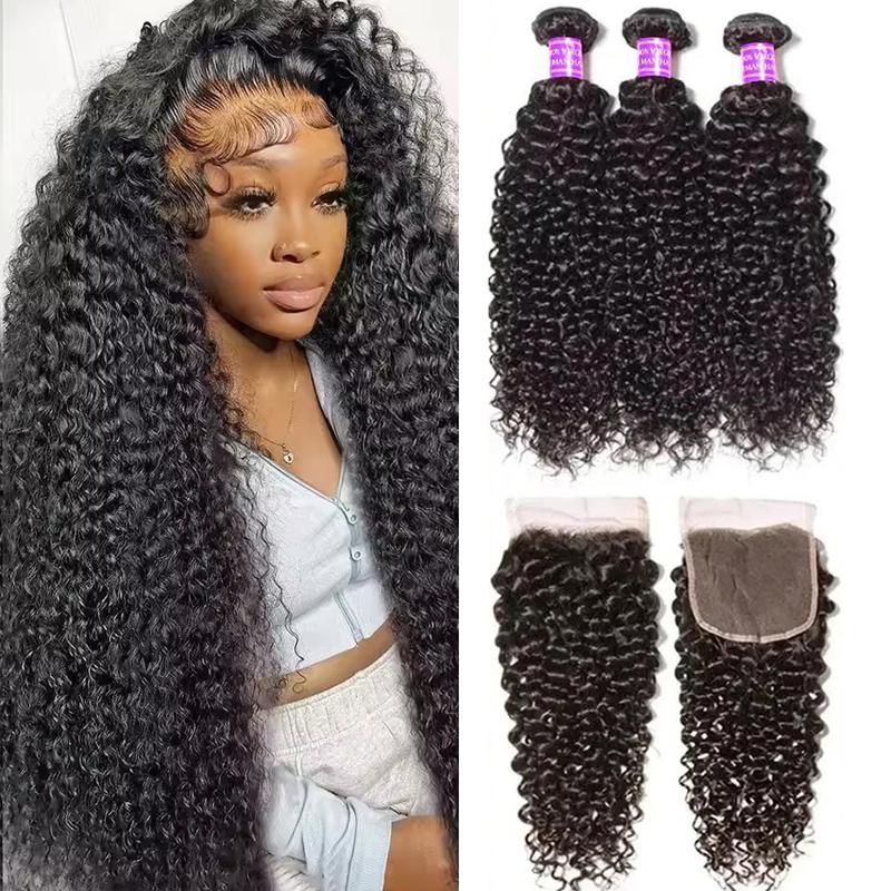Kinky Curly Hair Bundles With Closure Virgin Human Hair Weave Bundles 10-28 Inches Natural Color Remy Hair Weave Extensions 100g/pc