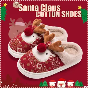 New Winter Lovely Women's Slippers Home Cute Cartoon Cotton Slippers Christmas Deer Non-Slip House Shoes