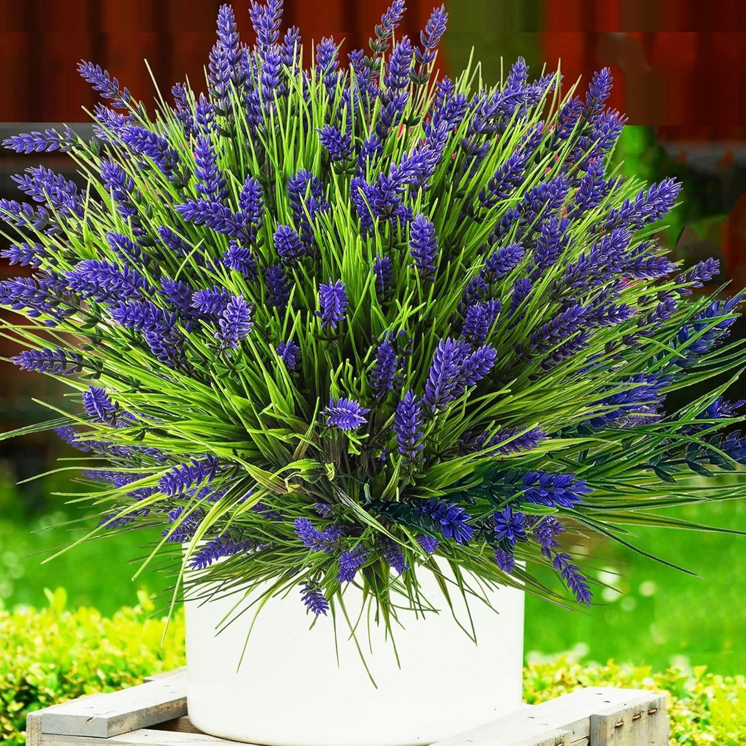24 Bundles Artificial Lavender Flowers Outdoor UV Resistant Fake Lavender Plants, Faux Flower Decoration, Faux Plastic Greenery for Indoor Outdoor Home Porch Balcony Garden Decor