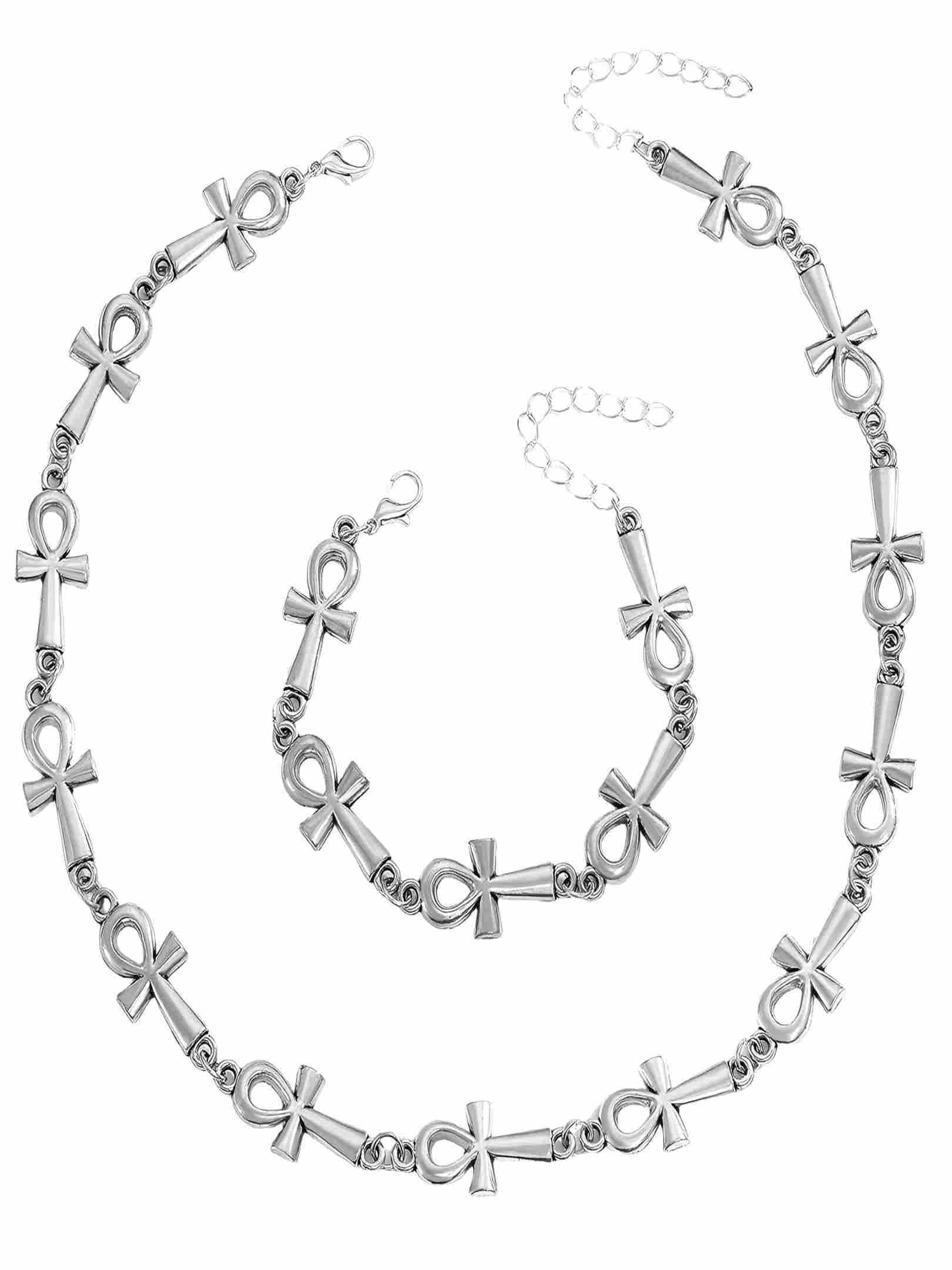 Anka Cross Necklace Bracelet Set, Alloy Hip Hop Retro Unisex Daily Wear, Lifeforce Symbol, Fade-Resistant, Adjustable, Trendy Street Style