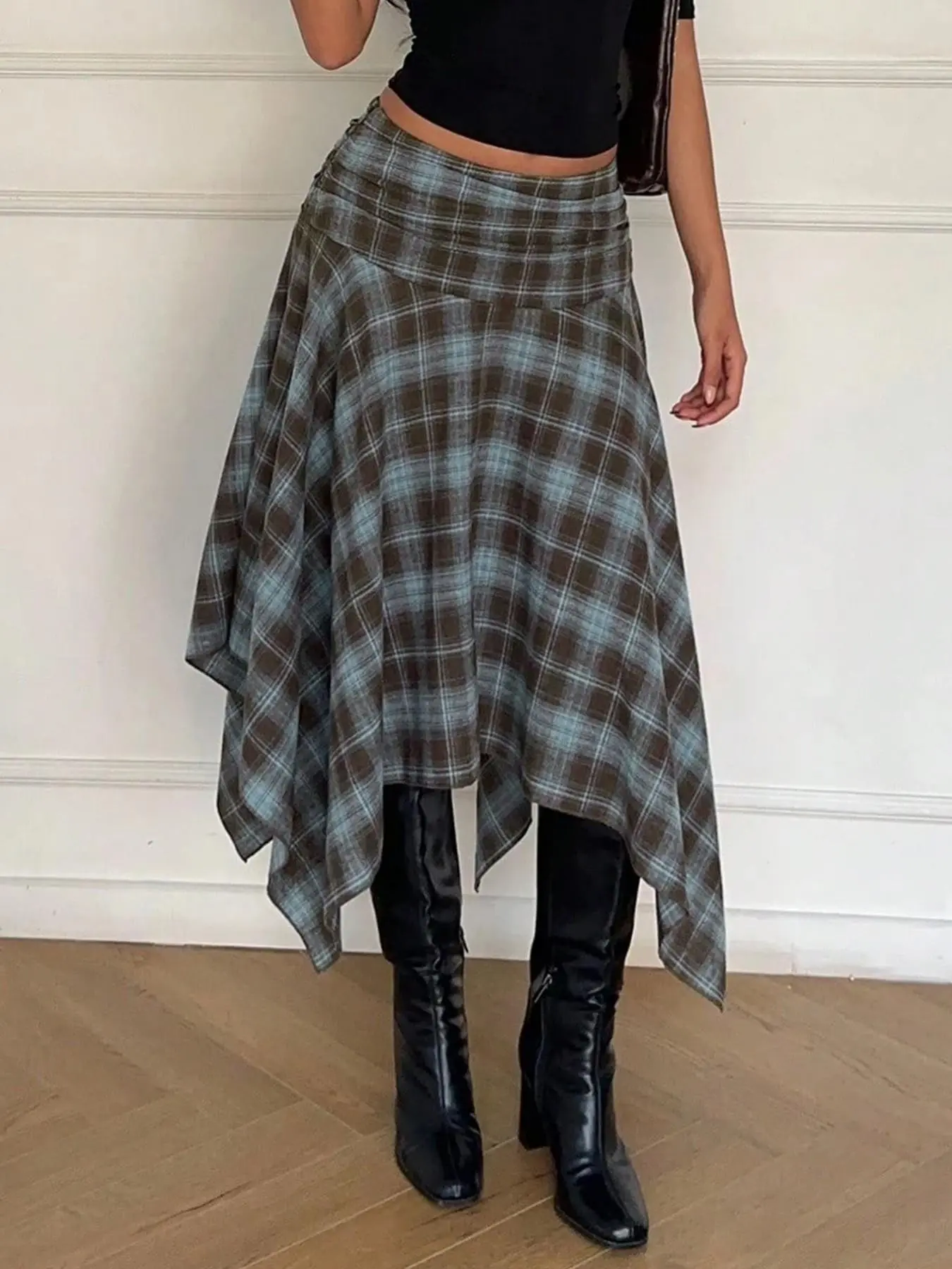 Women's Vintage Plaid Asymmetrical Patchwork Midi Skirt, High Waist Pleated A-Line Checkered Umbrella Skirt, Perfect for Street Party & Fall Winter Layering