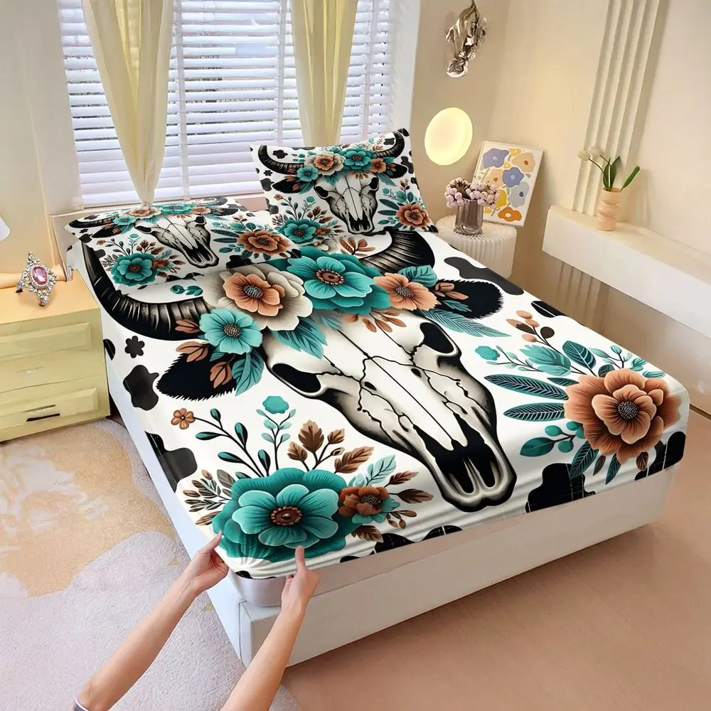 3Pcs Floral Cow Skull Print Fitted Sheet Set (1 Fitted Sheet & 2 Pillowcases; No Inserts). Western Boho Bed Sheet Set, Vibrant Digital Print, Deep Pocket, Soft & Breathable. Perfect for Farmhouse Decor, Bedroom, Dorm, All Seasons Comfort, Bed Sets