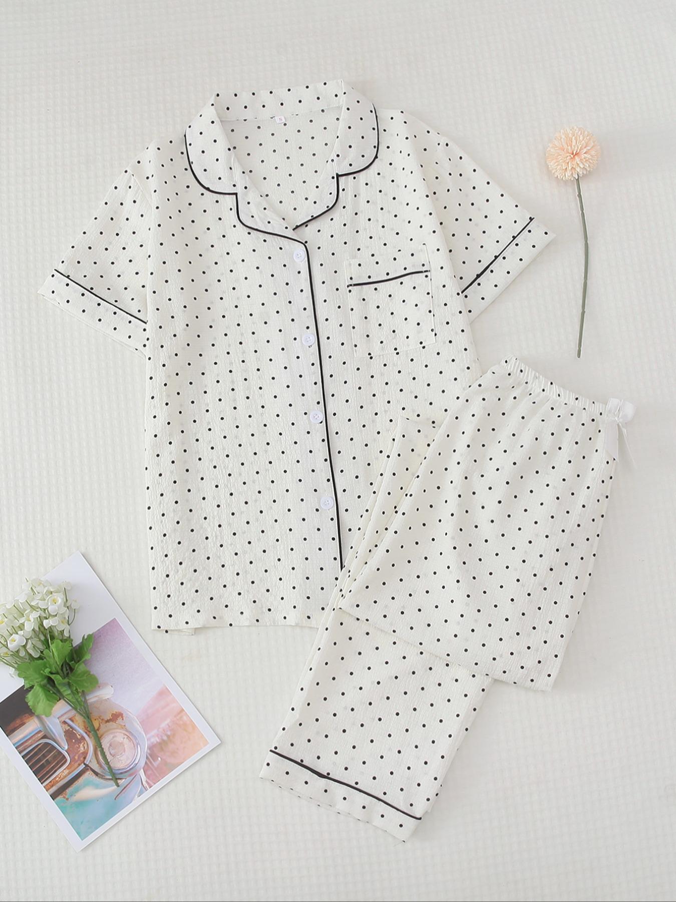 Two-Piece Set Women's All Over Print Pajama Set, Button Front Short Sleeve Shirt & Elastic Waist Pants Lounge Co-ord Set, Summer Outfits 2024, Lady Summer Homewear