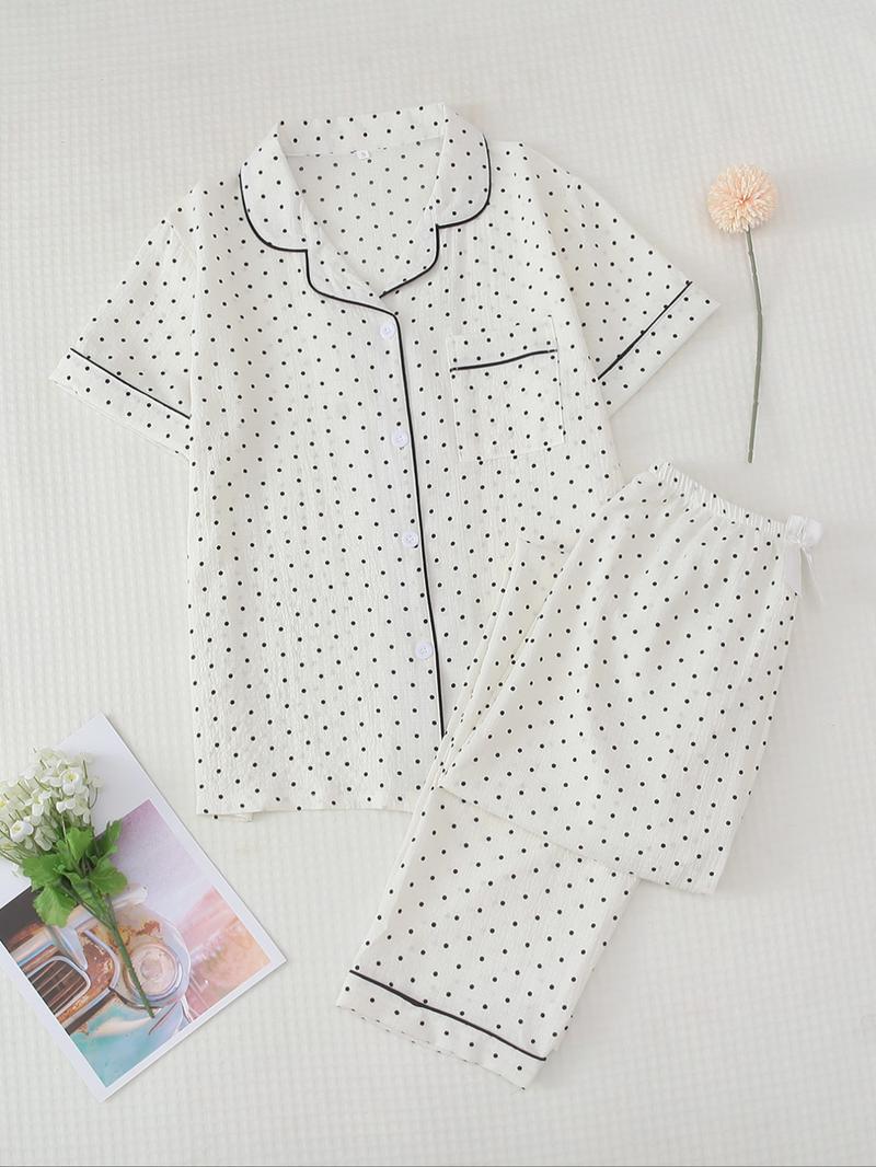 Two-Piece Set Women's All Over Print Pajama Set, Button Front Short Sleeve Shirt & Elastic Waist Pants Lounge Co-ord Set, Summer Outfits 2024, Lady Summer Homewear