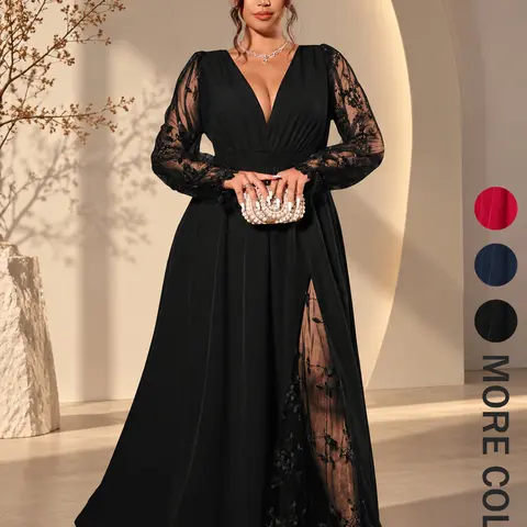 Plus Size Women's Lace Dress, Deep V Sheer Floral Lace Long Sleeve, A-Line Hem, All Seasons Comfort, Plus Size Curves