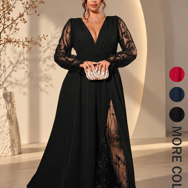 Plus Size Women's Lace Dress, Deep V Sheer Floral Lace Long Sleeve, A-Line Hem, All Seasons Comfort, Plus Size Curves