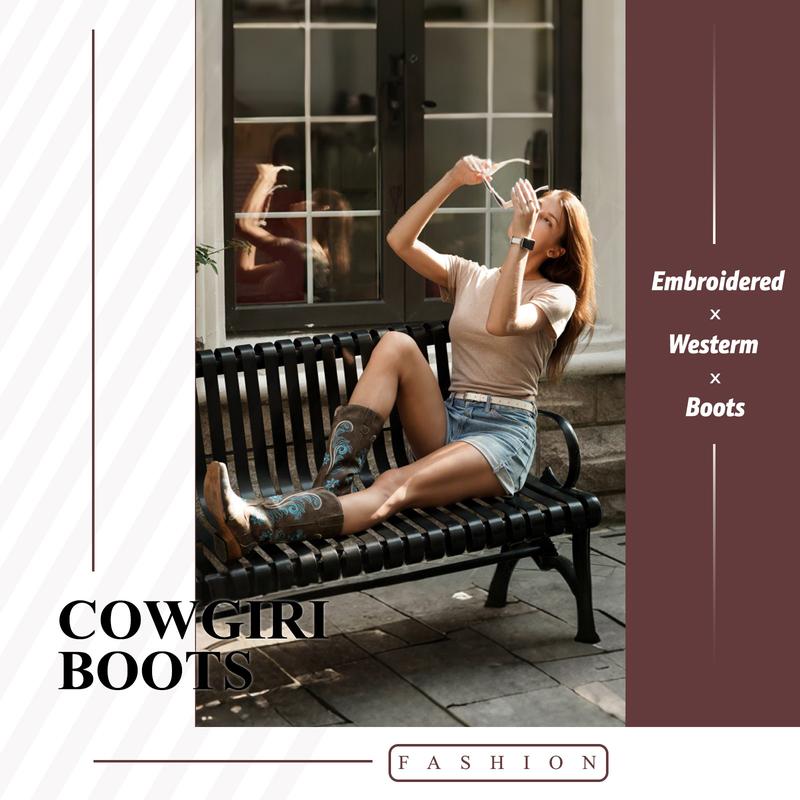 IUV Cowboy Boots For Women Mid Calf Western Boots Cowgirl Pull-On Tabs Pointy Toe Boot