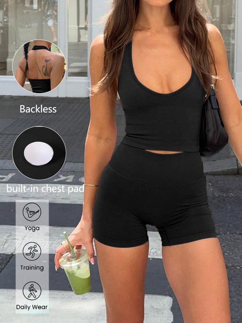 Sexy U-Neck Backless Halter Top Shorts Set, Elastic Comfortable Casual Wear, Perfect for Gym Yoga Running Daily
