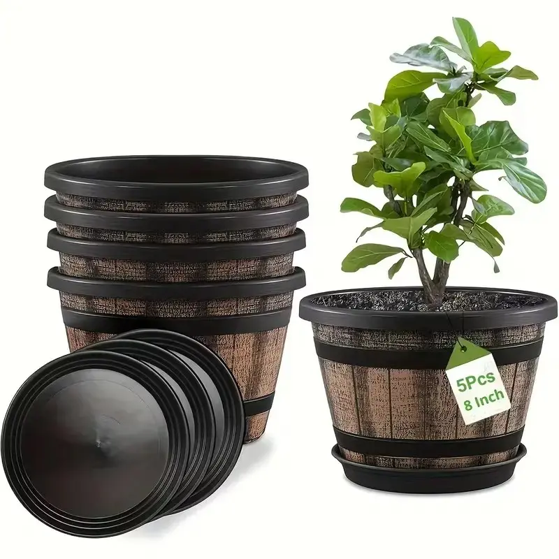 5-Pack 8-Inch Whiskey Barrel Style Planters with Saucers, Faux Wood Plastic Flower Pots with Drainage Holes for Indoor Outdoor Garden Patio Decor