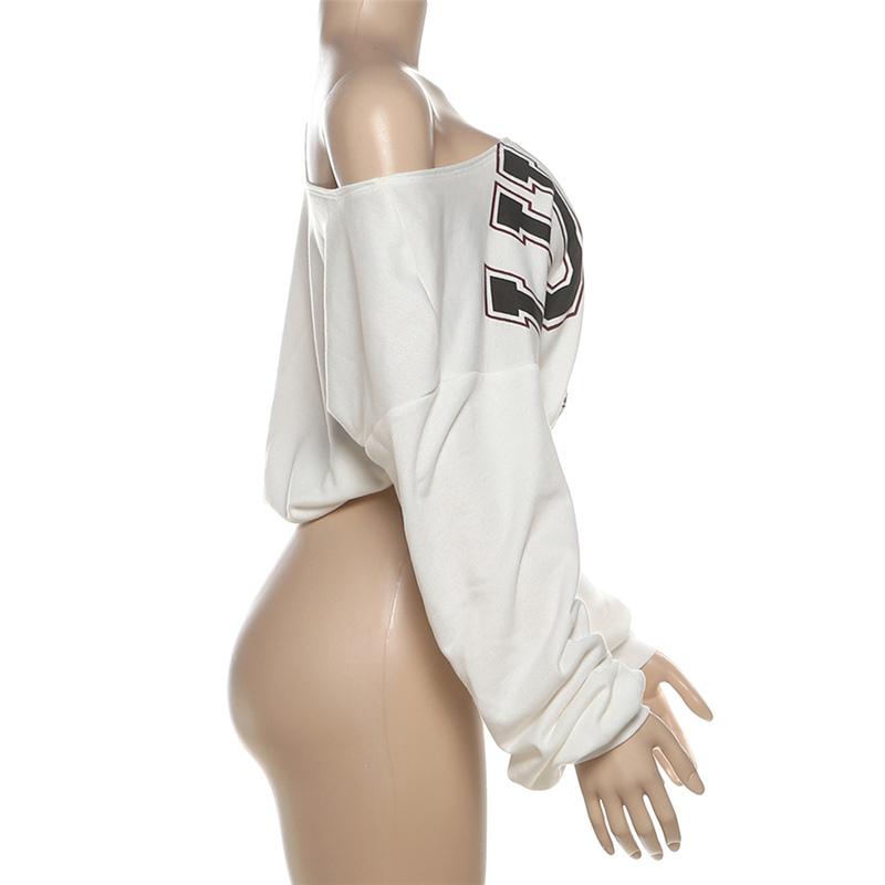 DOUCIU  Trendy Personality High Street Cool Hip-Hop Casual Streetwear Versatile Womenswear Women'S Letter Printing Cross-Shoulder Long Sleeves Short Crop-top T-Shirt