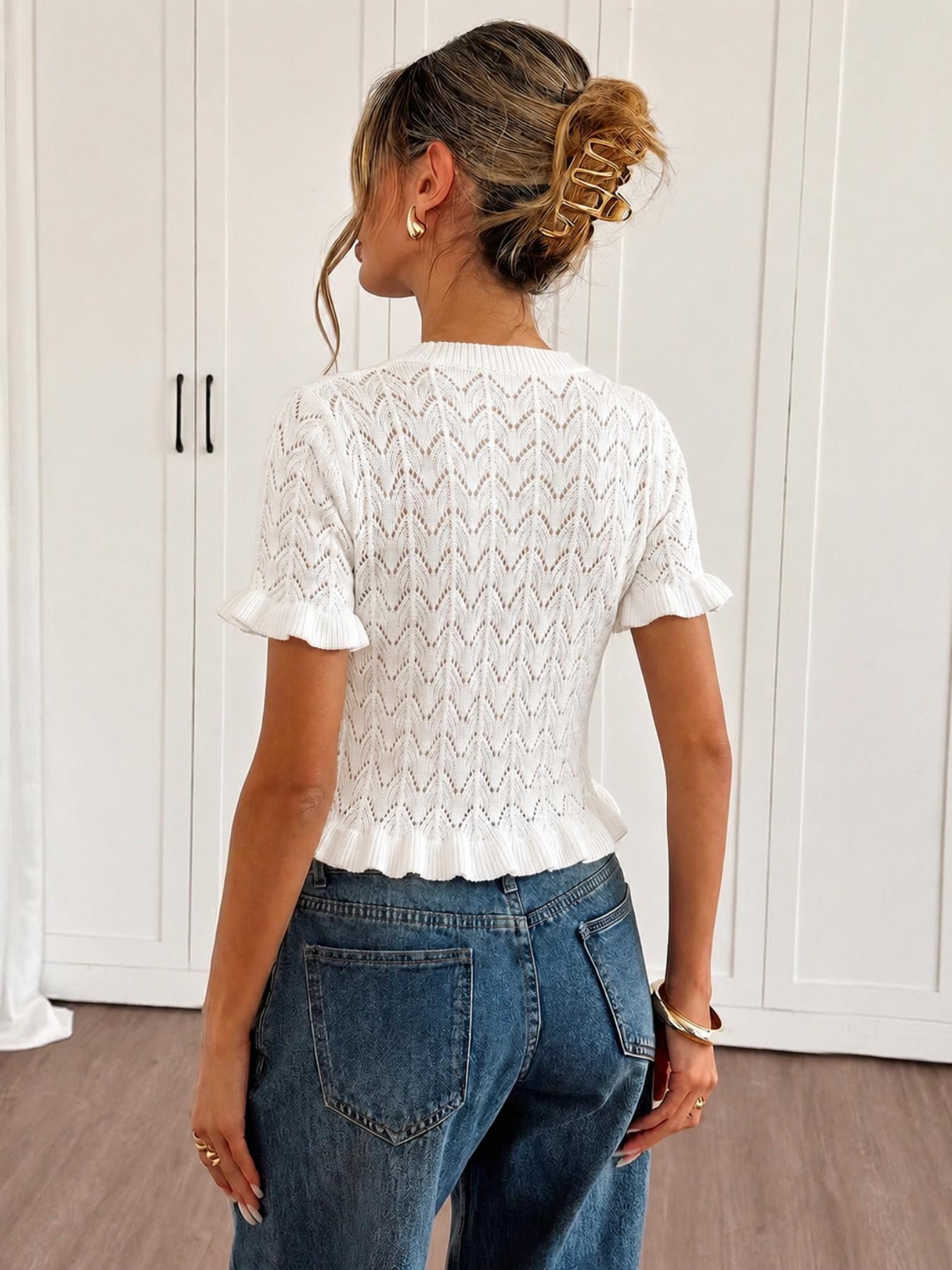 Women's Summer Hollow Out Short Sleeve Knit Top, Ruffle Round Neck Thin Shirt, Ideal for Casual Daily Commute and Vacation Wear, Casual Elegant Classy