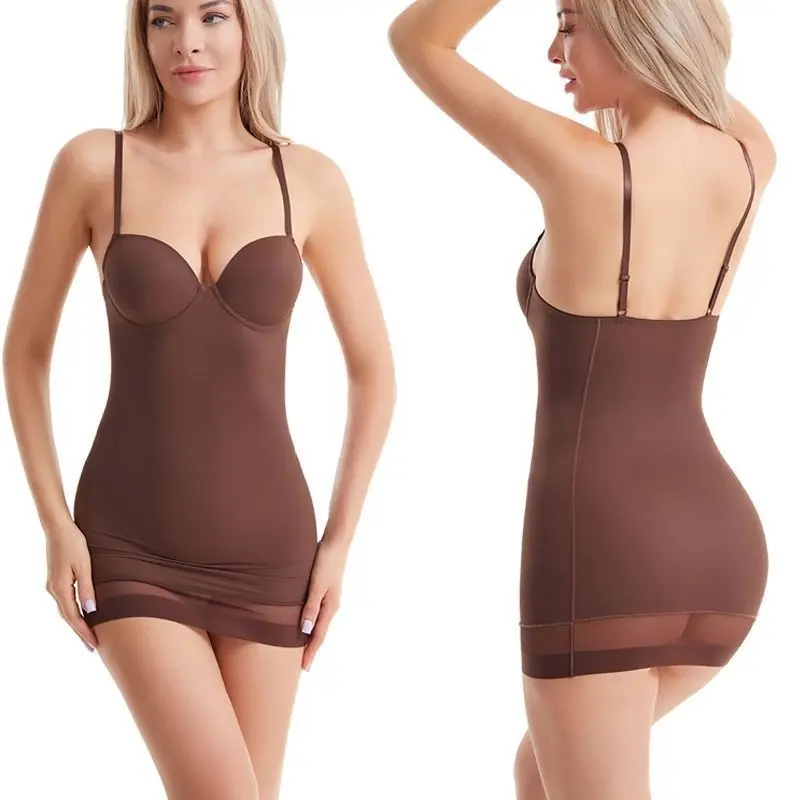 Women Spaghetti Strap Body Shaper Dress Built‑in Bra Tummy Control Butt Lifter Postpartum Shapewear Plus Size