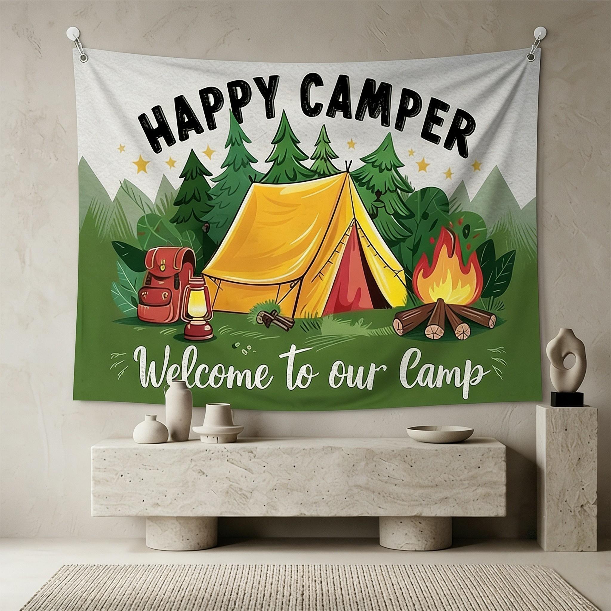 Happy Camper" Themed Party Backdrop - Polyester, Multicolor Forest Campfire and Tent Design with "Welcome to Our Camp" Banner - Ideal for Indoor/Outdoor Family Gatherings, Camping Birthday Decorations, Camping Decorations