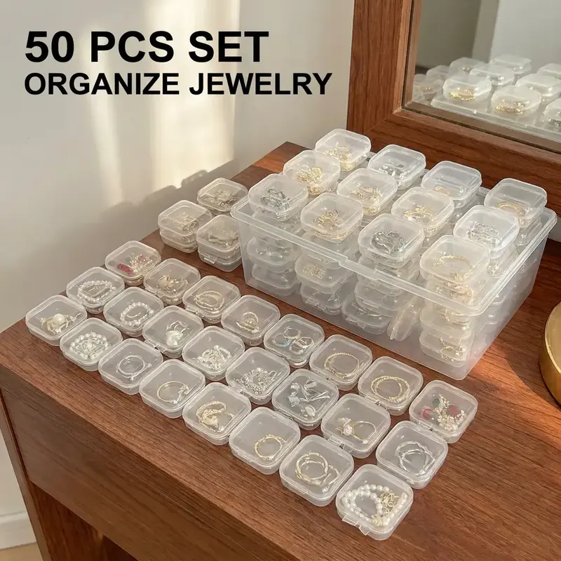 50pcs Mini Transparent Jewelry Storage Small Square Box, Dustproof Clear Box, Clear Containers, Clear Storage Box, Jewelry Storage Unit Suitable for Storing Rings, Earrings, Necklaces, etc., Durable Plastic Organizers, Jewelry Box, Accessories Box