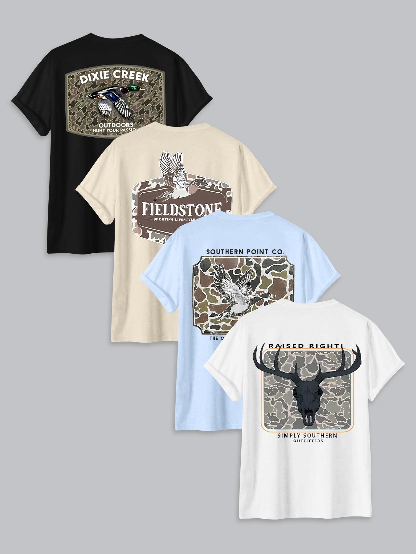 Men's Letter & Deer Print Round Neck Graphic Tee, Regular Fit Casual Short Sleeve T-shirt for Summer, Men's Top for Daily Wear, Tropical