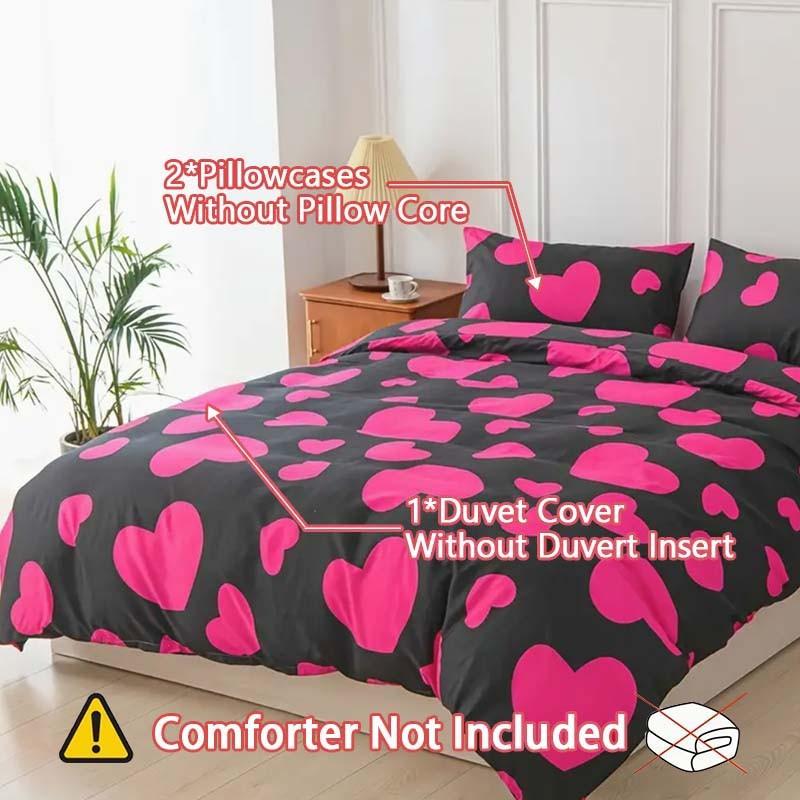 3-Piece Heart Print Duvet Cover Set with Zipper Closure. Soft and comfortable bedding set for bedrooms and guest rooms, including 1 duvet cover and 2 pillowcases, no inserts included.