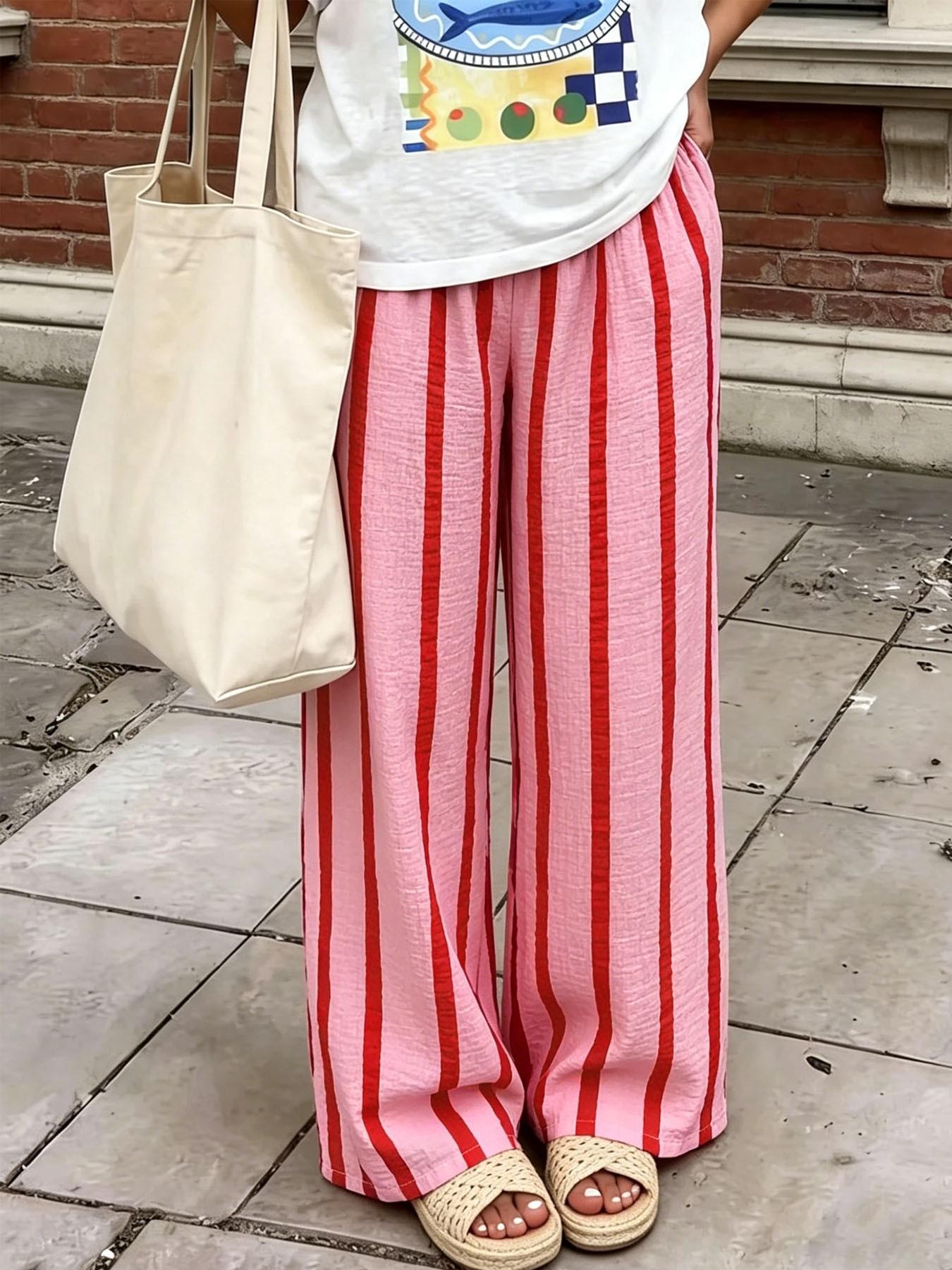 Women's Pink & Red Vertical Striped Wide-Leg Pants, Elastic Waist Lightweight Crinkled Linen-Like Trousers, Casual Streetwear Pants, Casual Summer Bottoms for Street & Vacation Style