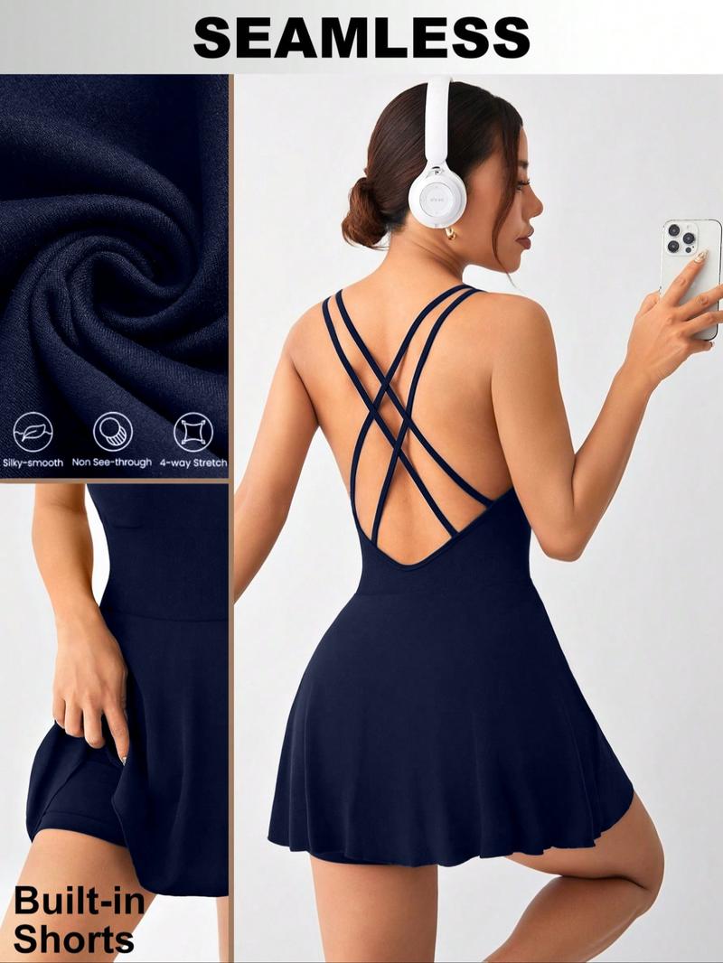 Christmas Women's Cross Back Sporty Dress with Removable Pads, Sleeveless Yoga Skirt Pants, Tight-Fitting All Season Wear, Backless Sports Dress