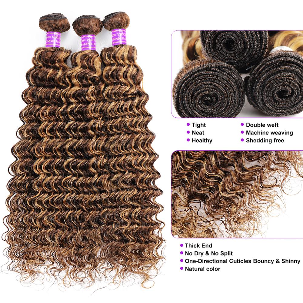 Highlight Deep Wave Bundles P4/27 Ombre Colored Human Hair Bundles Brown Brazilian Hair Weave Bundle 3/4 Remy Hair Bundles