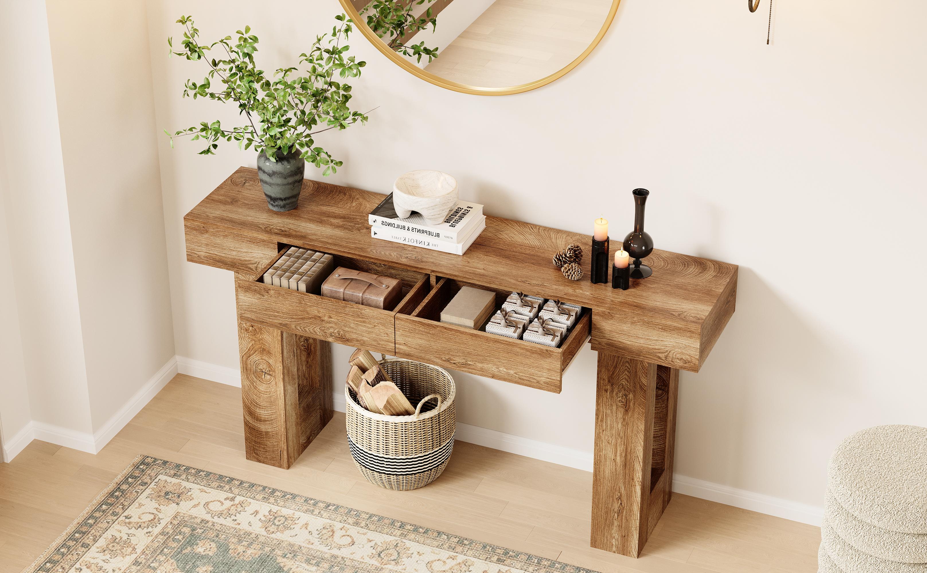 IRONCK 63" Long Console Table with 2 Drawers, Wooden Sofa Table Behind Couch, Farmhouse Entryway Table for Entrance, Living Room, Hallway Rectangular Tabletop Modern Furniture