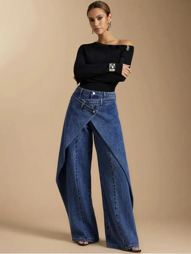 American High Street Retro Blue Women's Fashion Denim Jeans, Trendy Pleated Design, High Waist Wide Leg Pants, Loose Fit, Crossed Waistband, Versatile Style