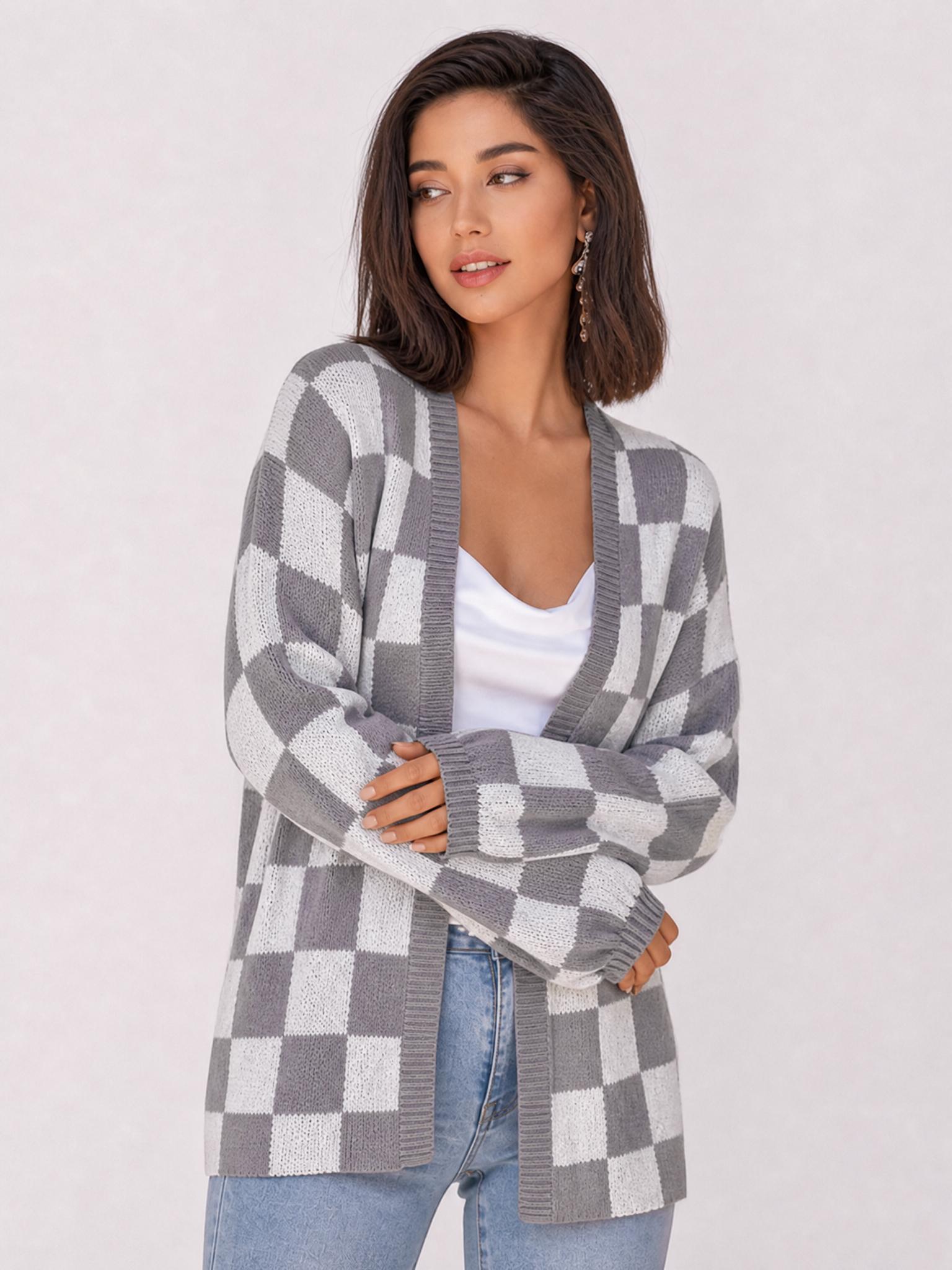 Plus Size Women's Plaid Knit Cardigan, V Neck Open Front Loose Fit Long Sleeve Sweater Coat, Fall & Winter Casual Outerwear Plus Size Women's Plaid Knit Cardigan, V Neck Open Front Loose Fit Long Sleeve Sweater Coat, Fall & Winter Casual Outerwear