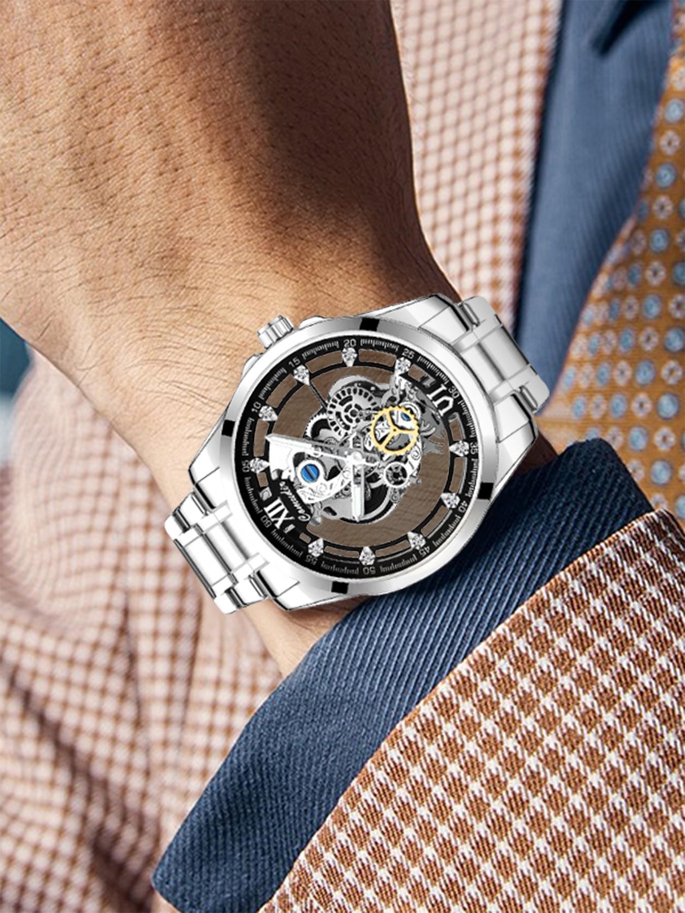 Men's Silver Color Steel Strap Dual-Sided Transparent Sporty Casual Business Watch, Quartz Wristwatch, Analog Round Face, Quartz Movement, Alloy Case