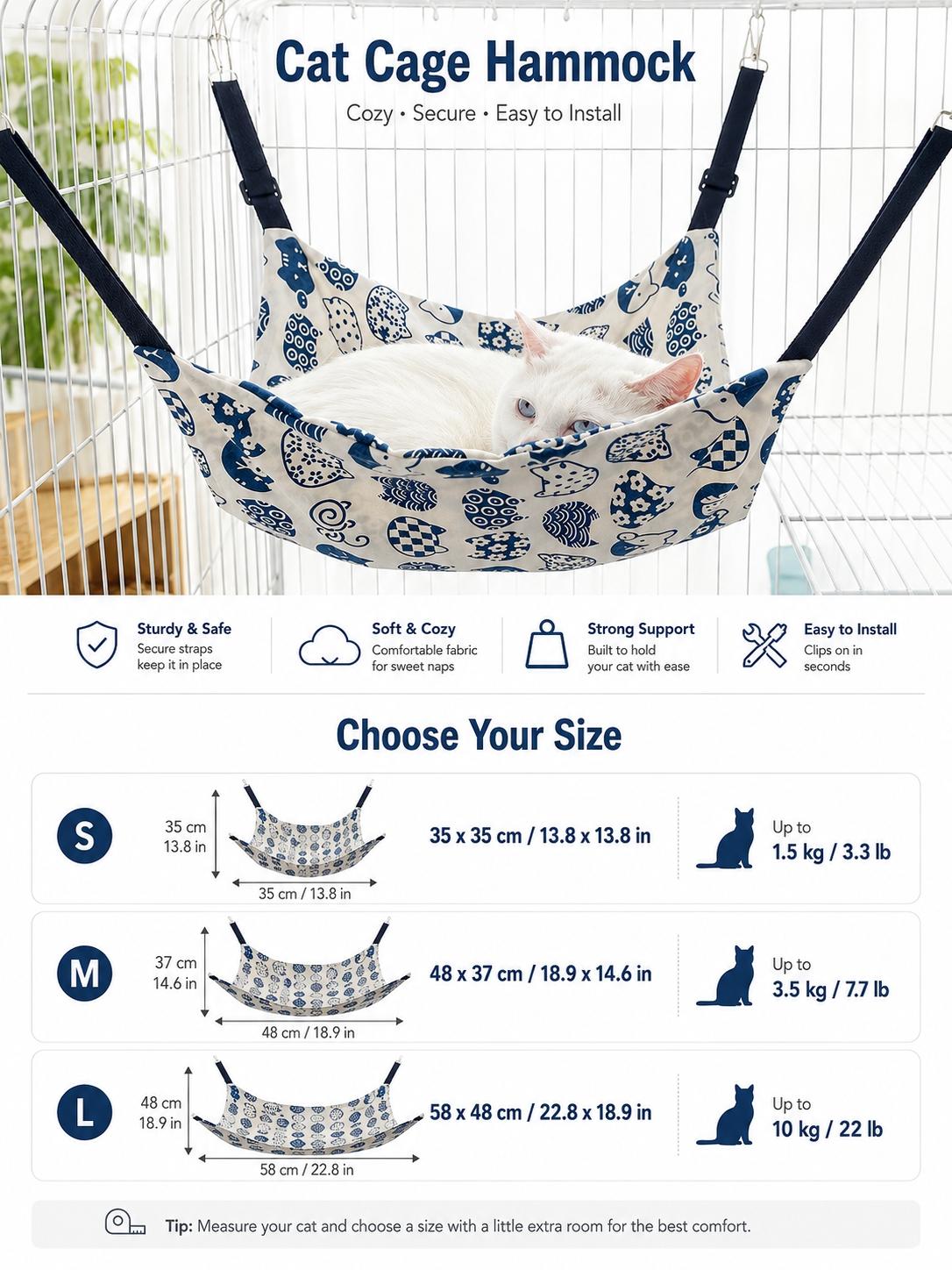 Adjustable Cat Hammock Bed, Durable Canvas Material, Blue- Pattern, Cute, Ideal for Small-Medium-Large Cats, Pet Resting Spot