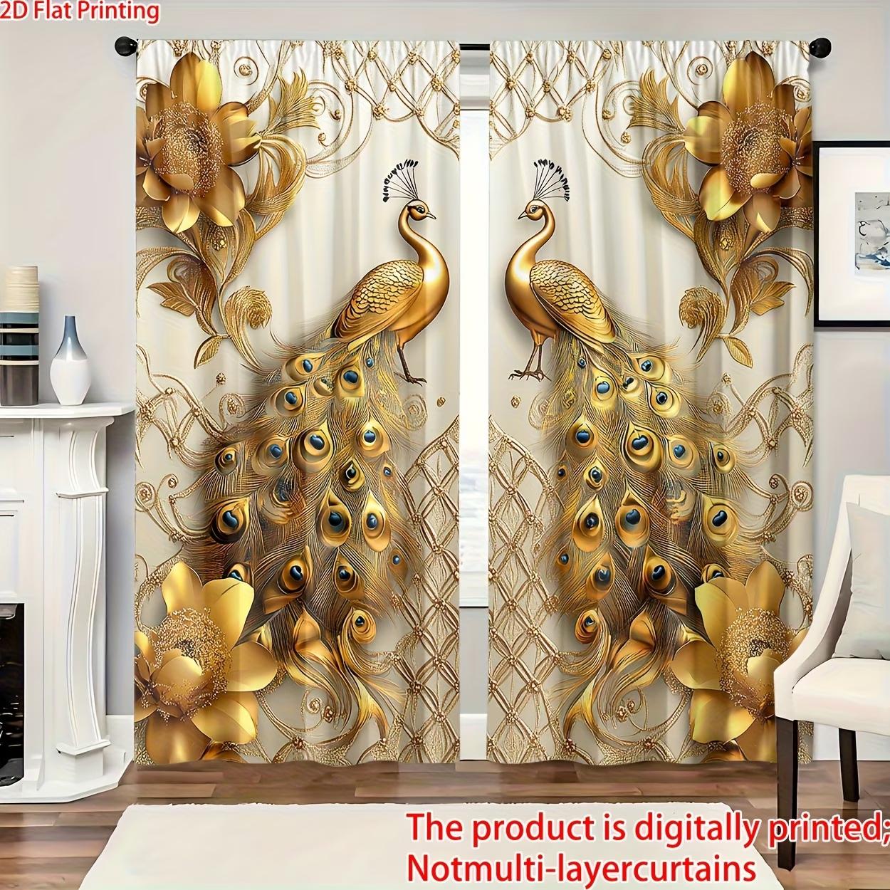 2 pieces, 2D flat printing, polyester material, digitally printed golden peacock pattern filtering curtains, suitable for bedroom, living room, office and home decoration, pole pocket design, suitable for hanging on poles