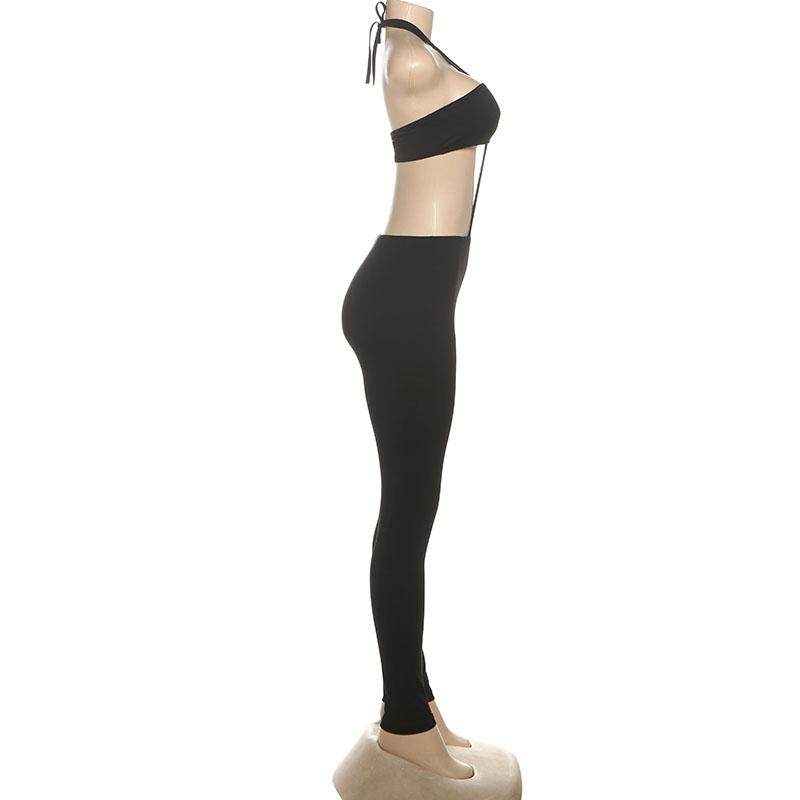 DOUCIU Nightclub Bar Music Festival Sexy Hot Street Personality Cool Women'S Thin Solid Color See Though Cross Shaped Halter Neck Long Jumpsuit