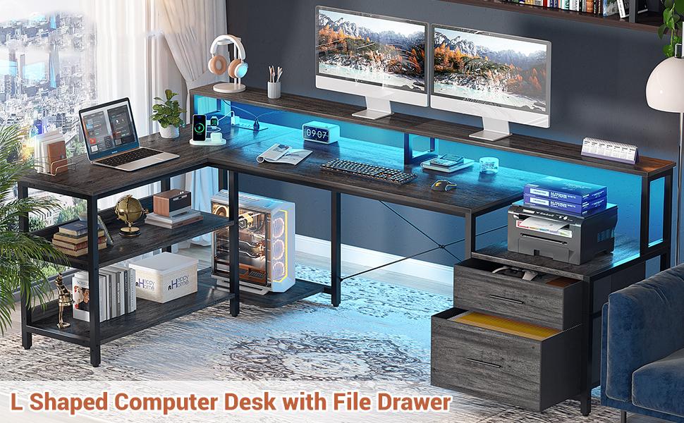 73" Reversible L Shaped Computer Desk with Power Outlet & LED Strip,Gaming Desk with Monitor Stand,Office Desk with File Drawer and Storage Shelves