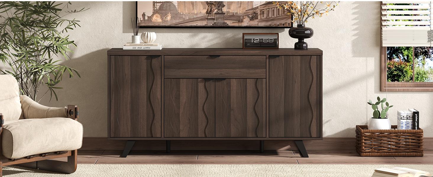 【SPOTLIGHT DAY】ONBRILL 63" Sideboard Buffet Cabinet, Kitchen Buffet Storage Cabinet, Mid Century Modern Storage Cabinet with 4 Doors & Shelves, Wood Coffee Bar Console Wine Bar for Living Room, Kitchen,Hallway