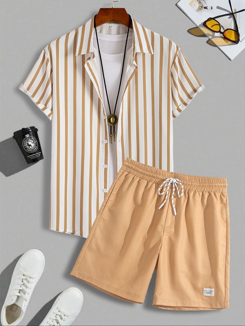 Men's Colorblock Striped Print Button Front Shirt & Shorts Set, Casual Short Sleeve Collared Top & Shorts, Men's Summer Clothes for Beach Vacation