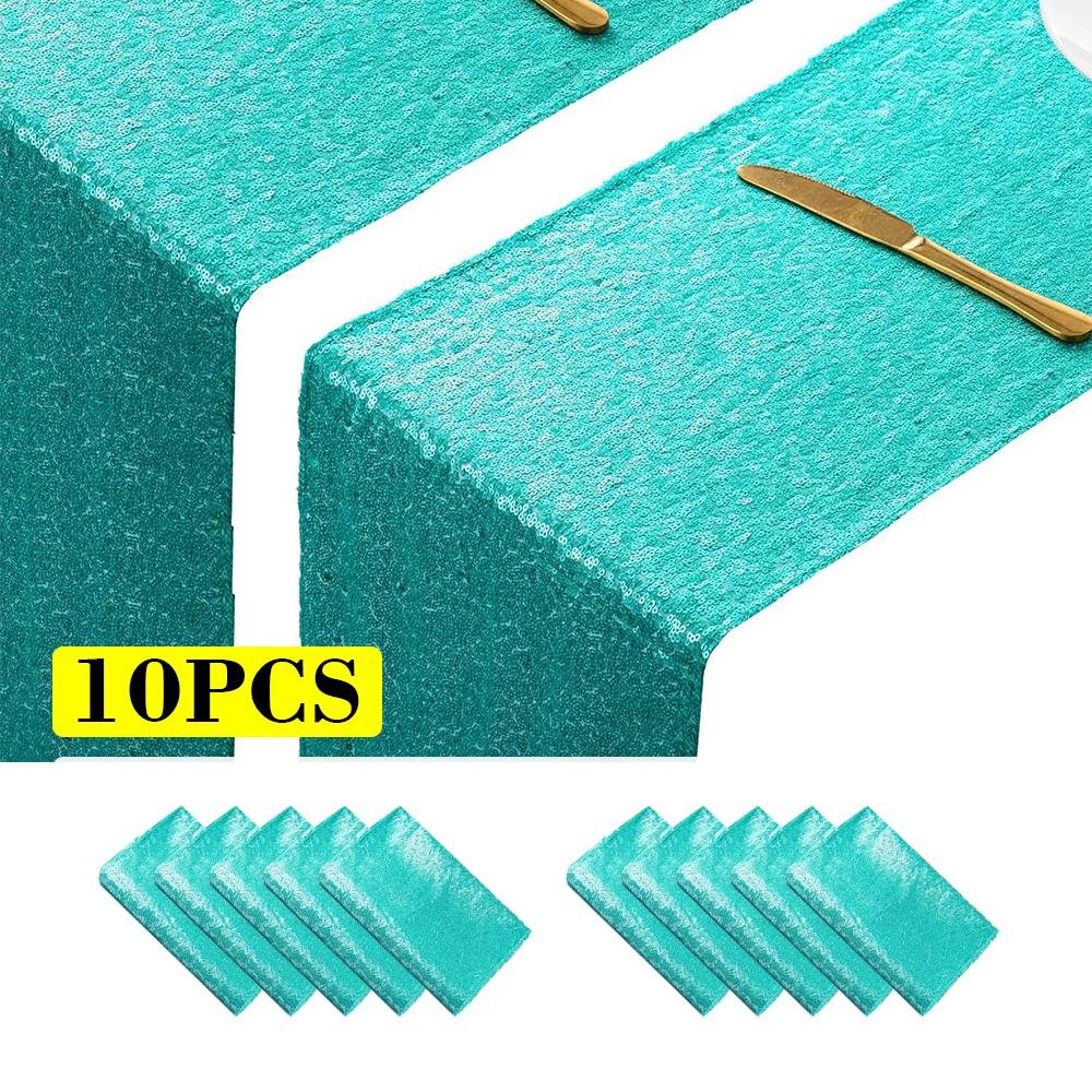 10 Pcs-12x72 Inches Sequin Table Runner, Turquoise Glitter Table Runner for Birthday Party Supplies Wedding Engagement Baby Shower Holiday Celebration Event Decorations