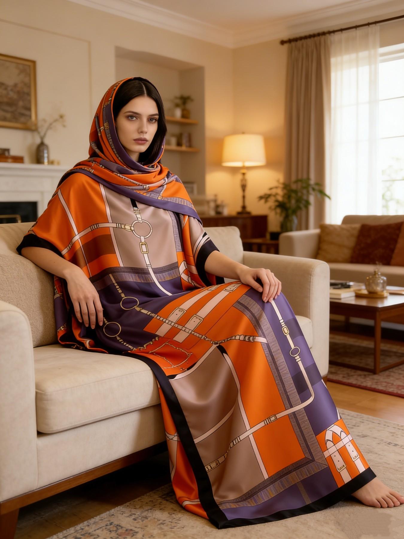 1dress+1scarf Viral Rust Orange Geometric Belt Print Satin Kaftan Maxi Dress with Matching Scarf – Silky Loose Fit, Plus Size Friendly, Luxury Loungewear, Beach Cover Up & Evening Party Wear, Must-Have Resort Fashion Piece