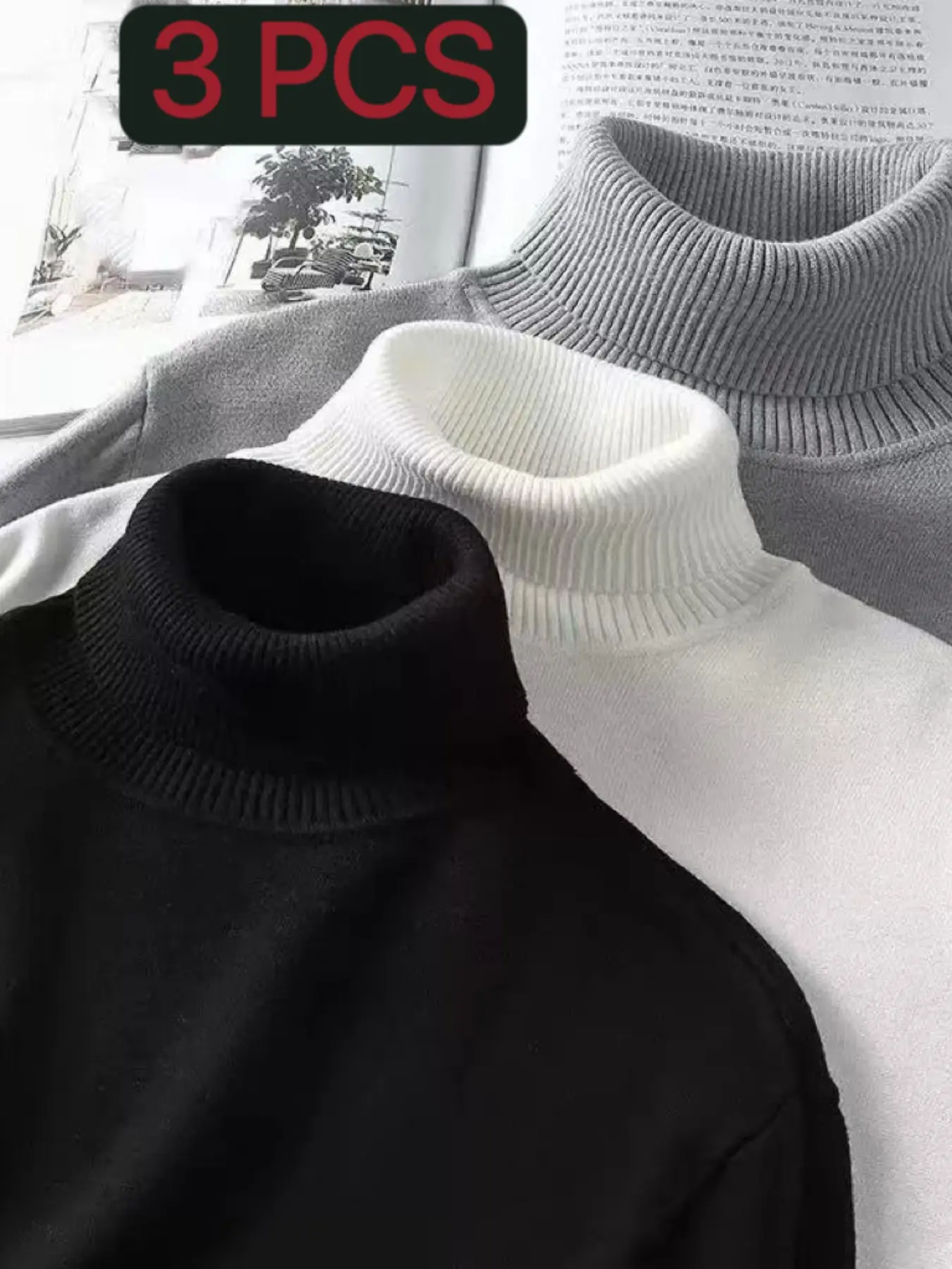 3 PCS Men's Basic Turtleneck Sweater, Soft Stretch Slim Fit Knit Long Sleeve Shirts, Thermal Warm Layer Top for Autumn Winter Daily Wear