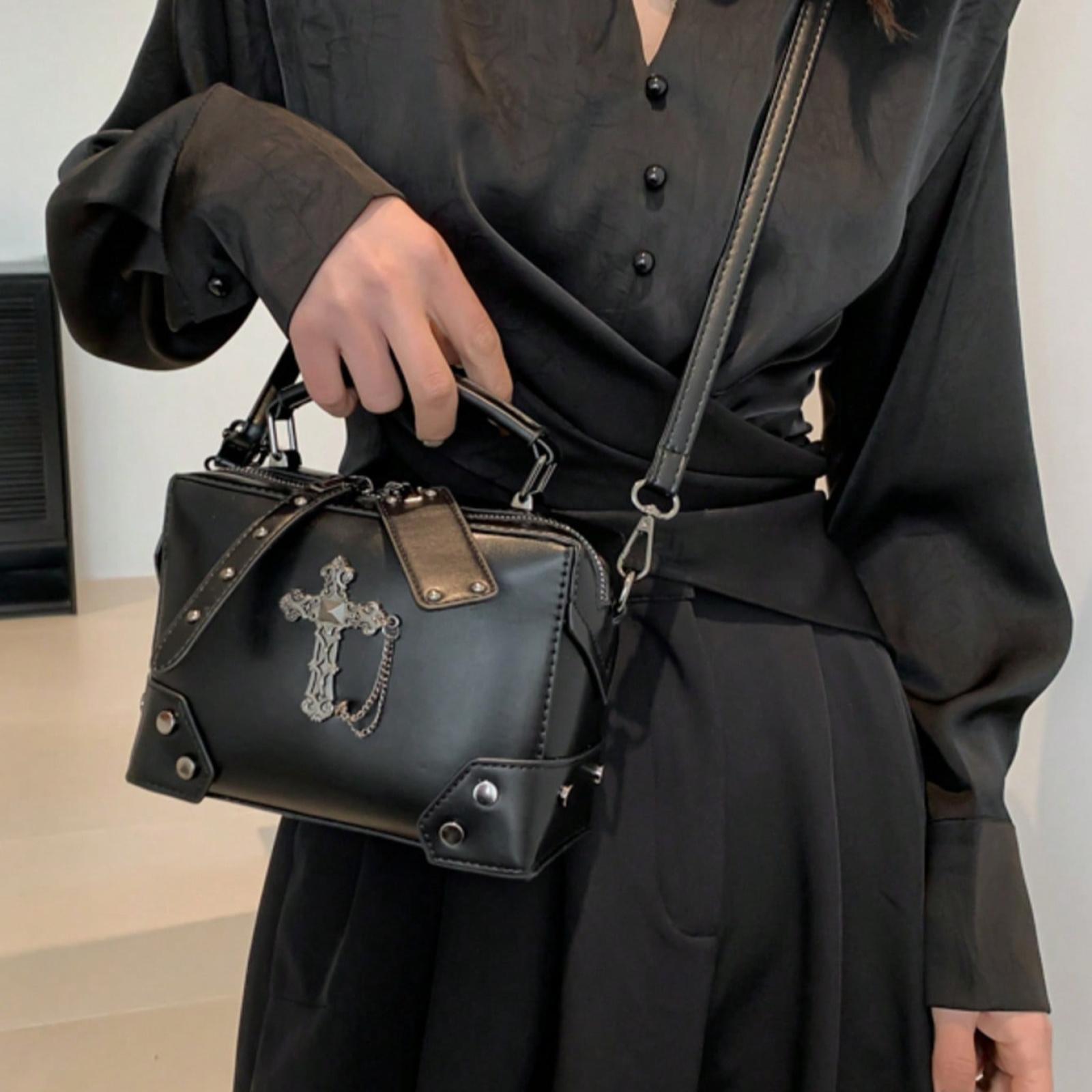 Black Cross Decorated Punk Rock Motorcycle Style Box Bag, Stylish Rivet Detail Shoulder Crossbody Makeup Everyday Bag for Women, Perfect for Daily Use and Dating Gift