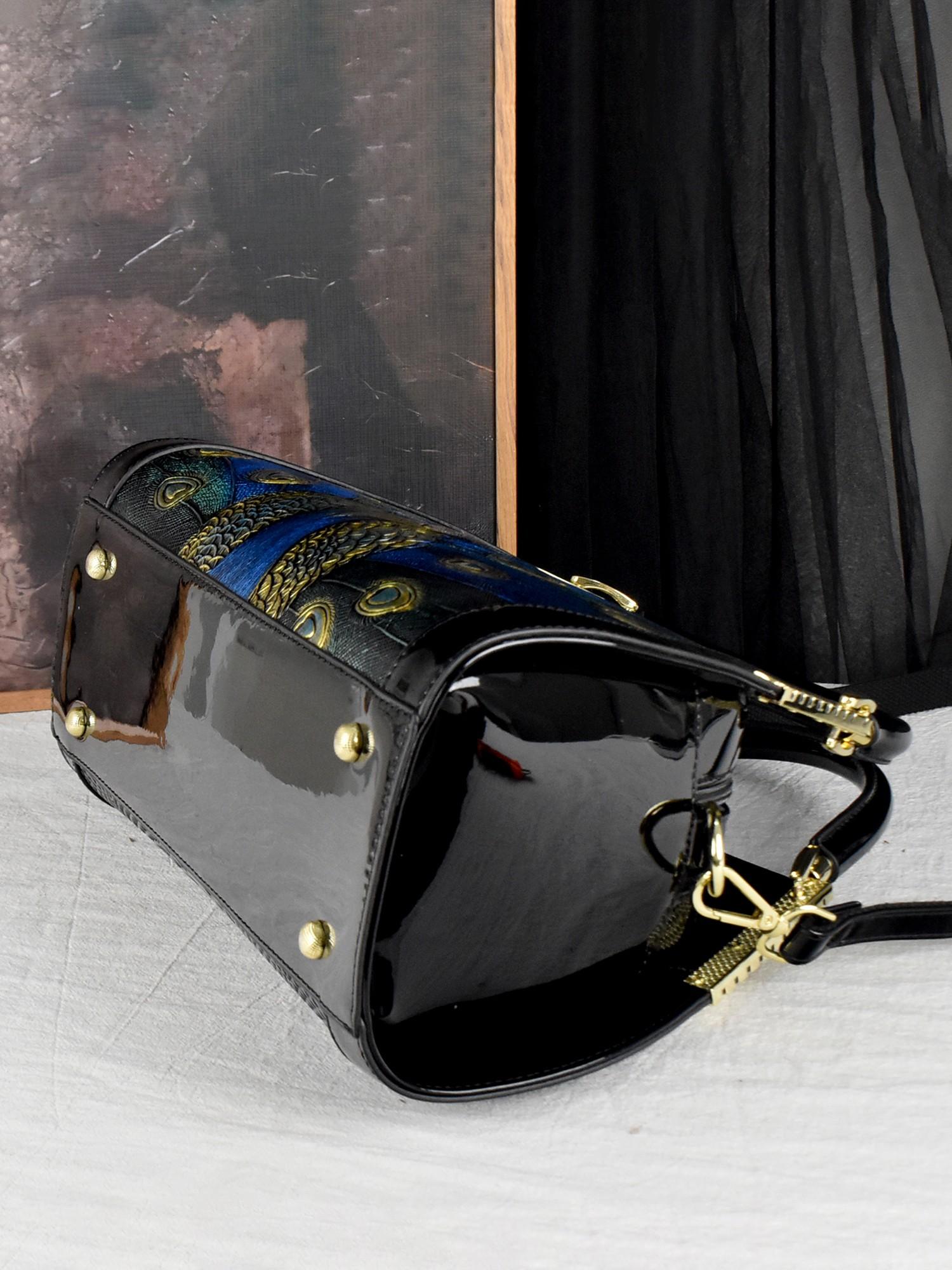 Designer Peacock Design Women's Handbag, Elegant Feather Pattern Boston Bag, PU Material, All Seasons Fashion Accessory